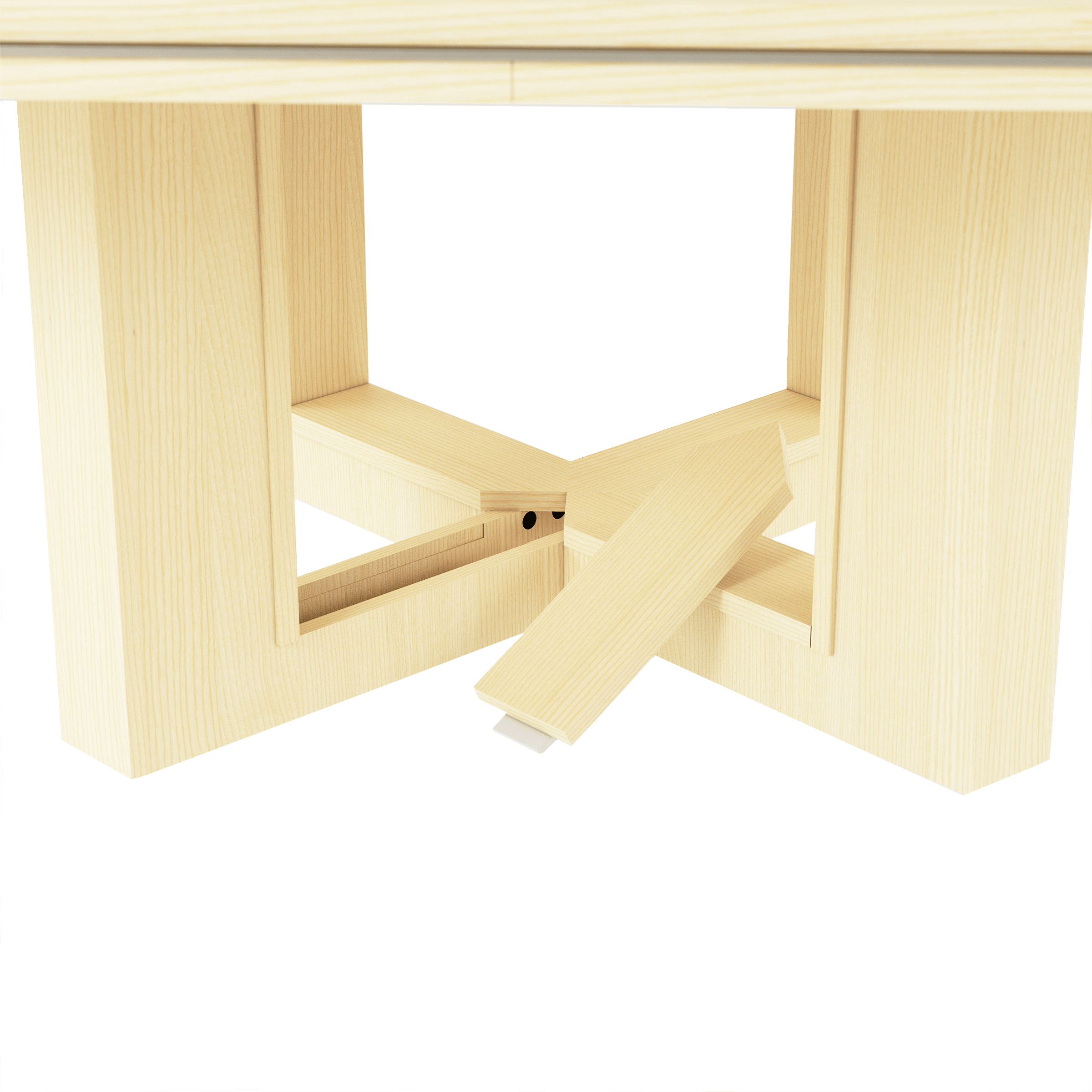 Detail shot of open view management leg on a square Highline Fifty Meeting Table in White Quarter Cut Ash and Satin Nickel details. 