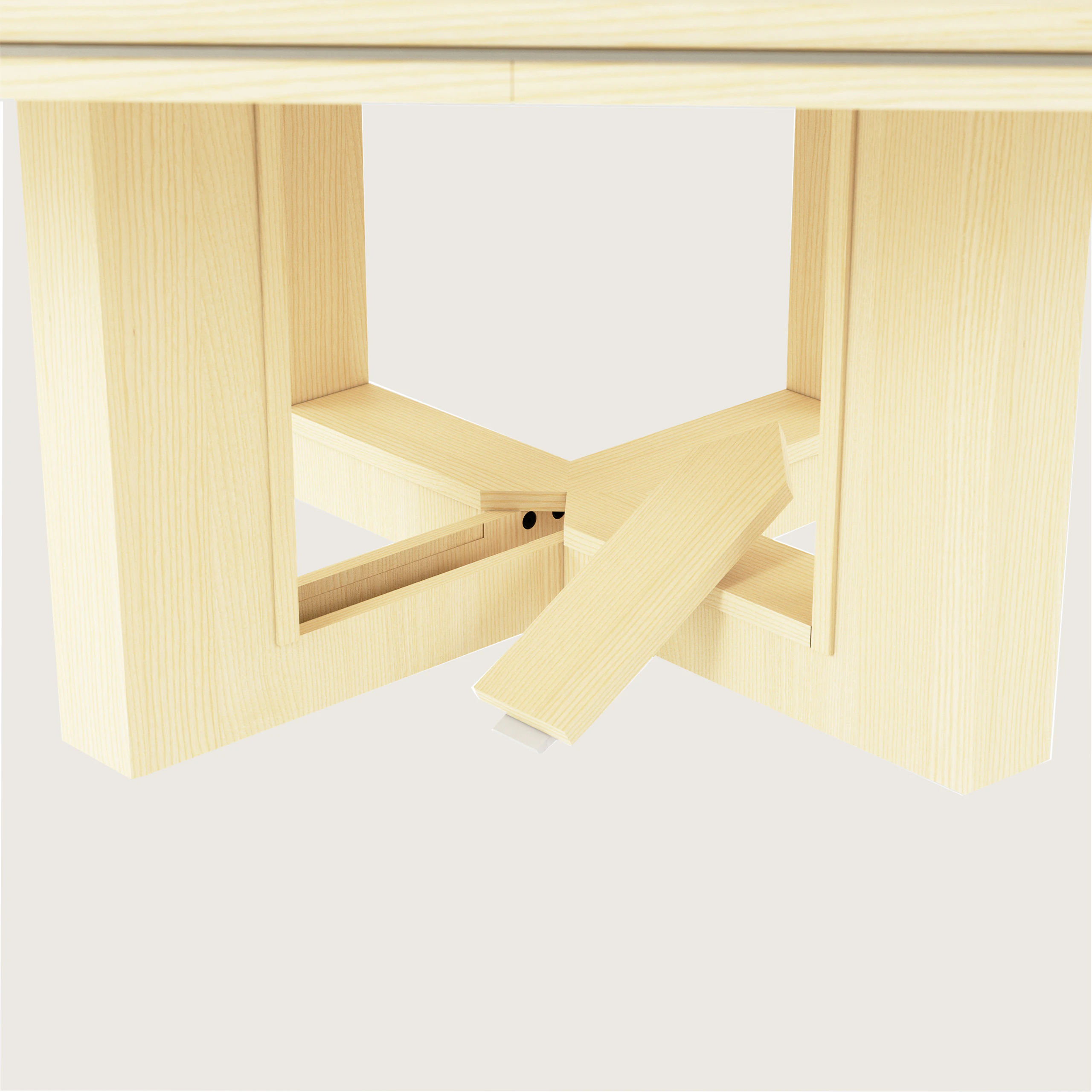 Detail shot of open view management leg on a square Highline Fifty Meeting Table in White Quarter Cut Ash and Satin Nickel details.