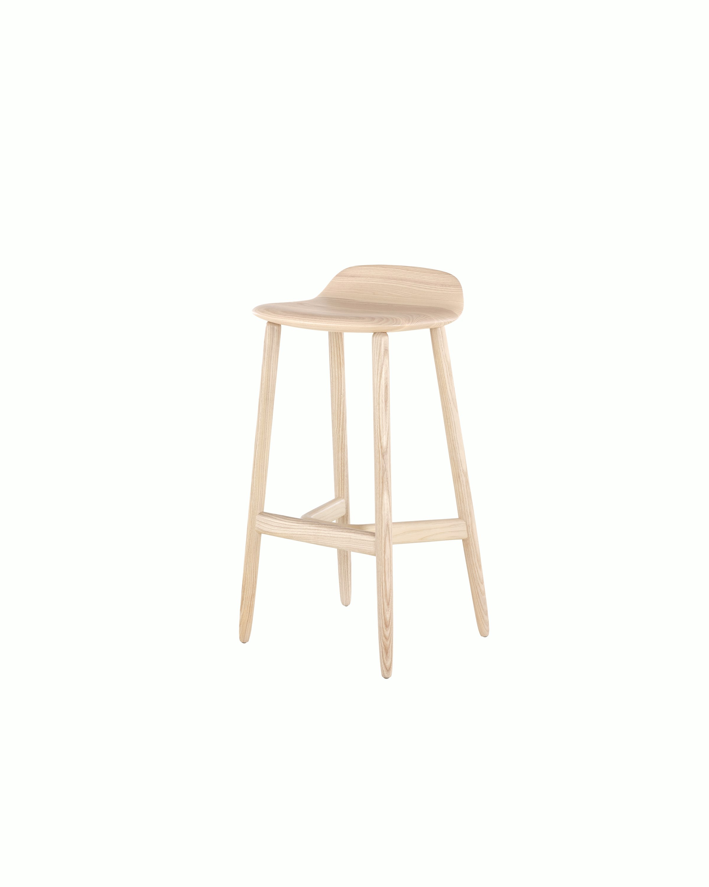 Angled view of a bar-height wood Crosshatch Stool with a light finish.