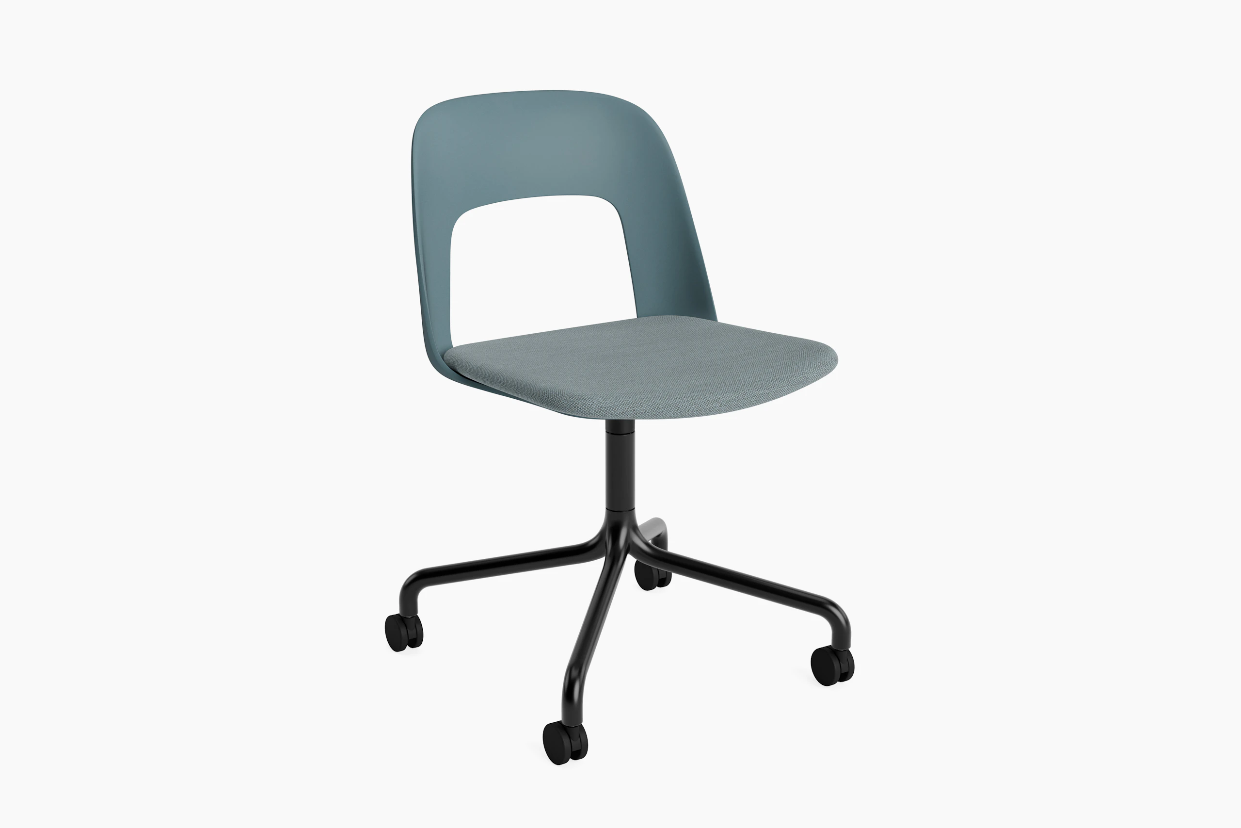 Layout Chair blue polypropylene shell with matching blue upholstered seat on black aluminum arc base with casters, front angled view