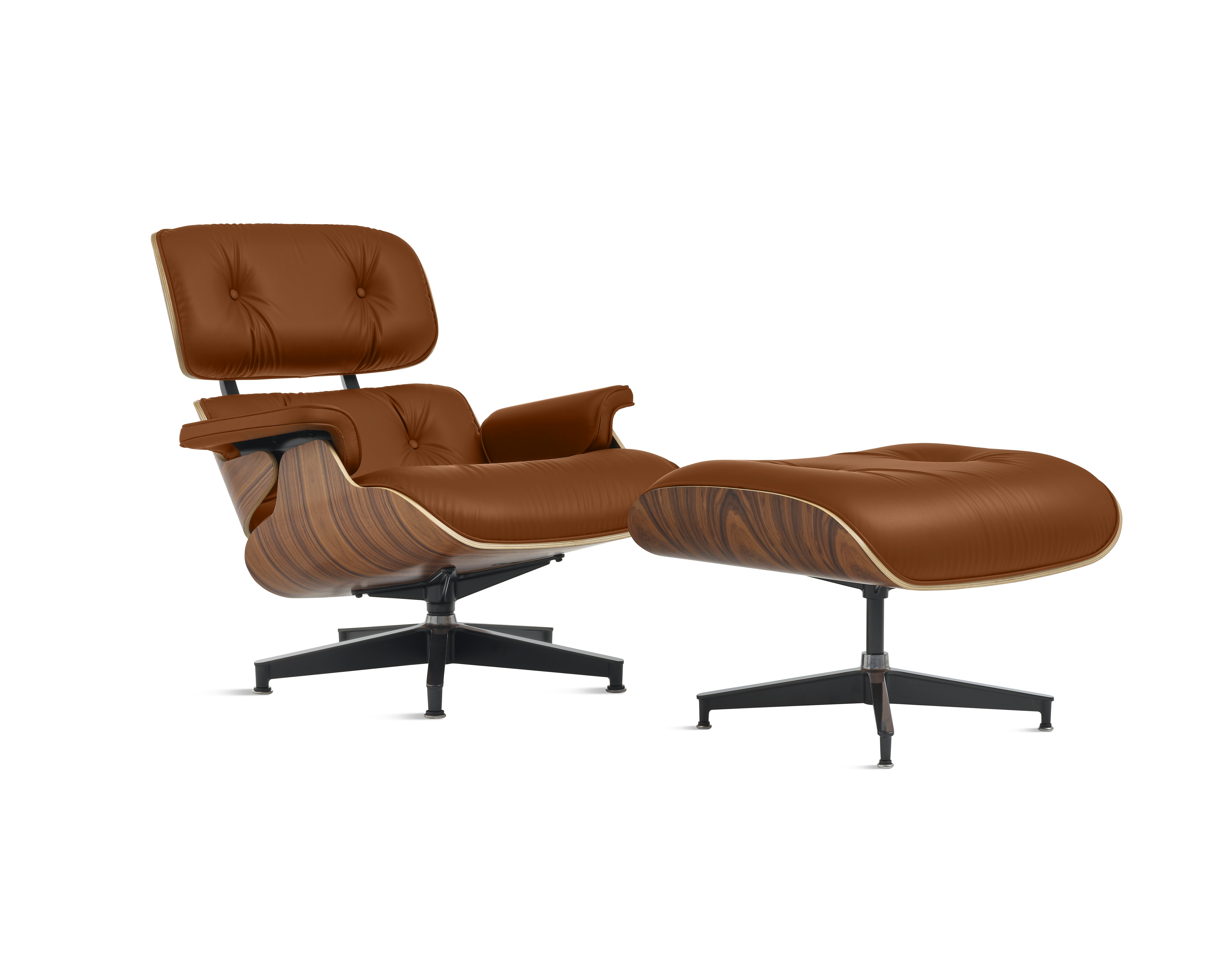 Eames Lounge & Ottoman,  3/4 View - Santos Palisander - All Grain,  Whiskey