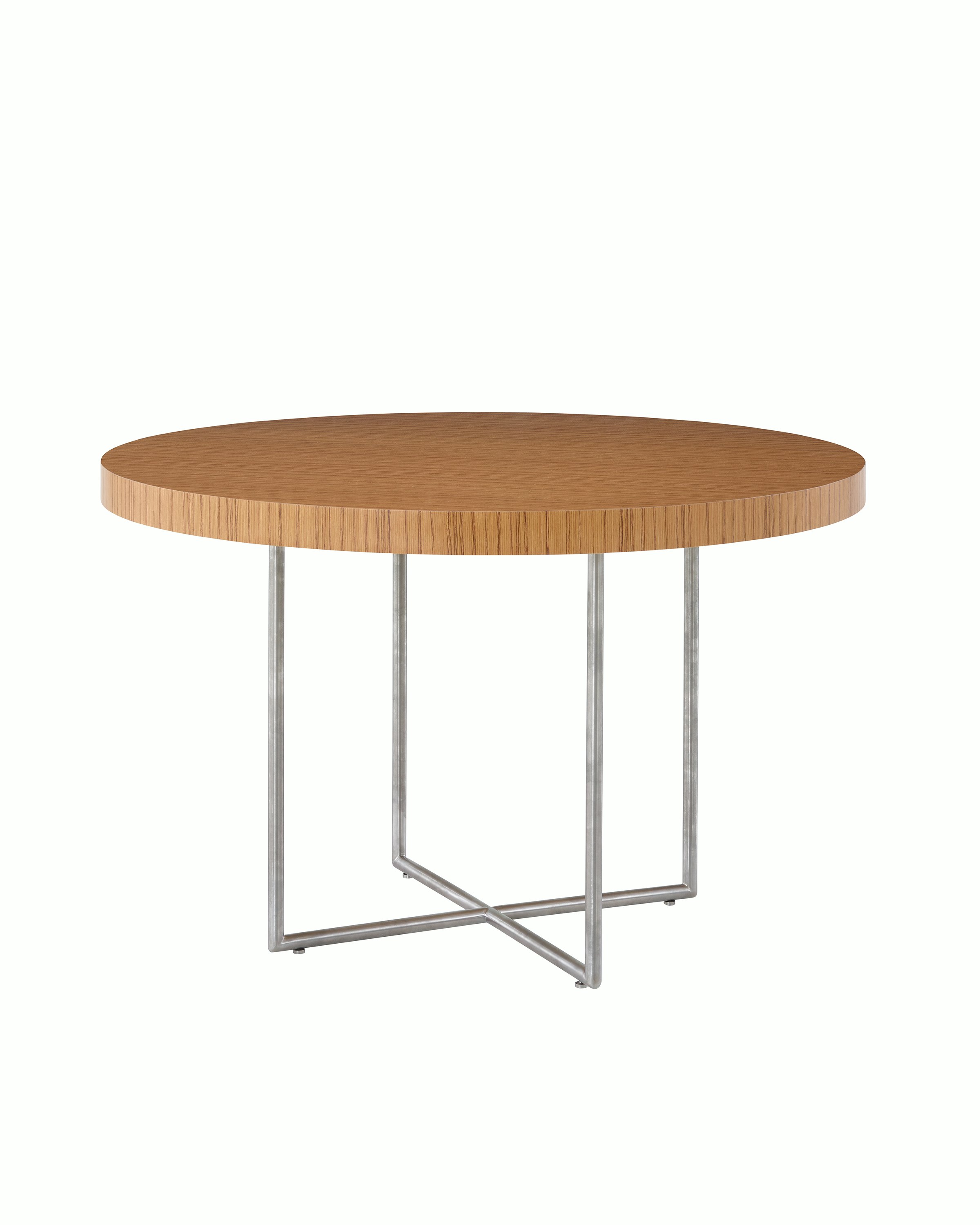 Domino Table with teak top and satin chrome base.