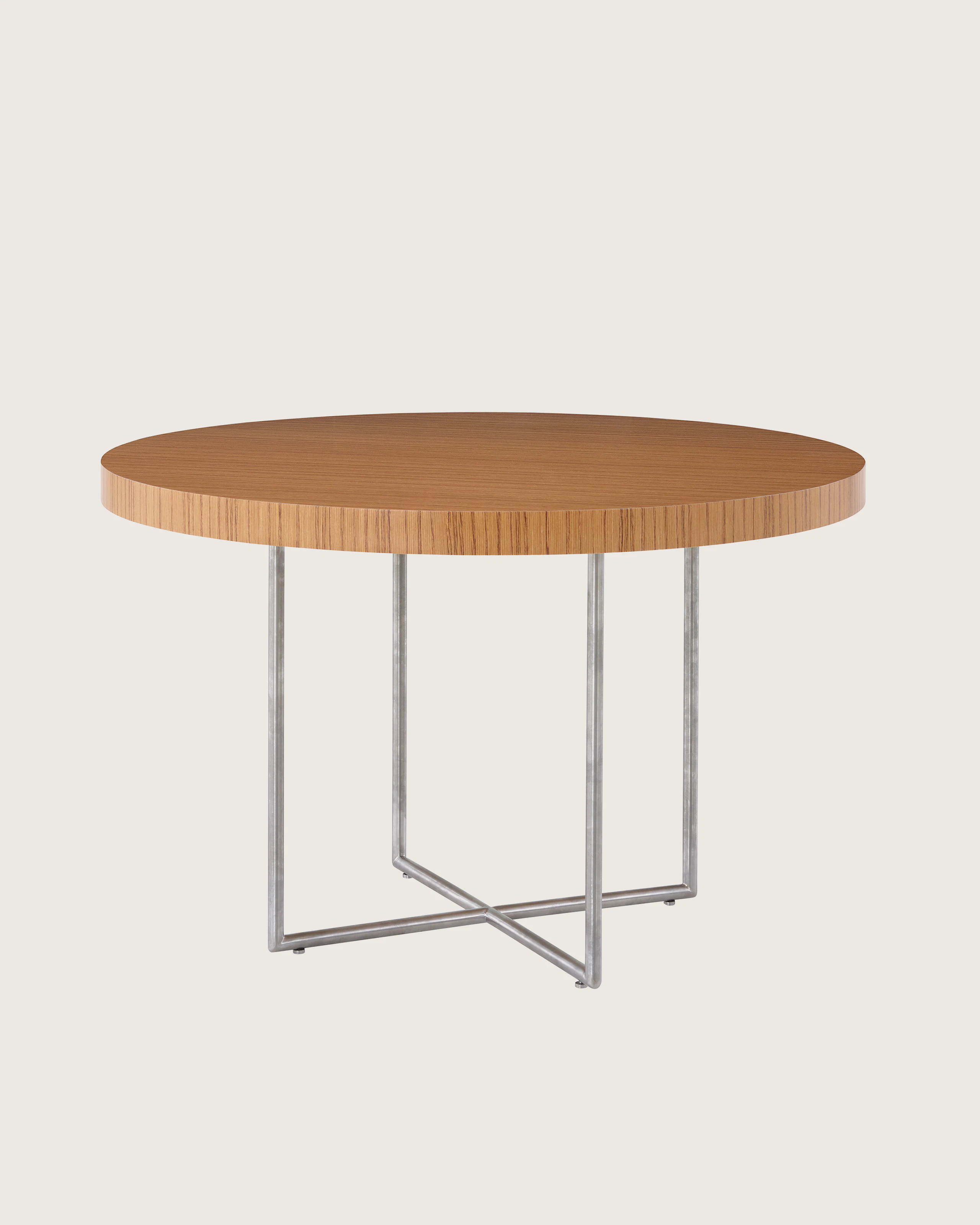 Domino Table with teak top and satin chrome base.