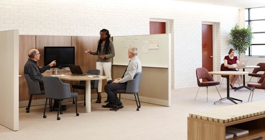 laminate fronts wood grain laminate marker board panels beltway power round café table column leg x-base credenza storage 