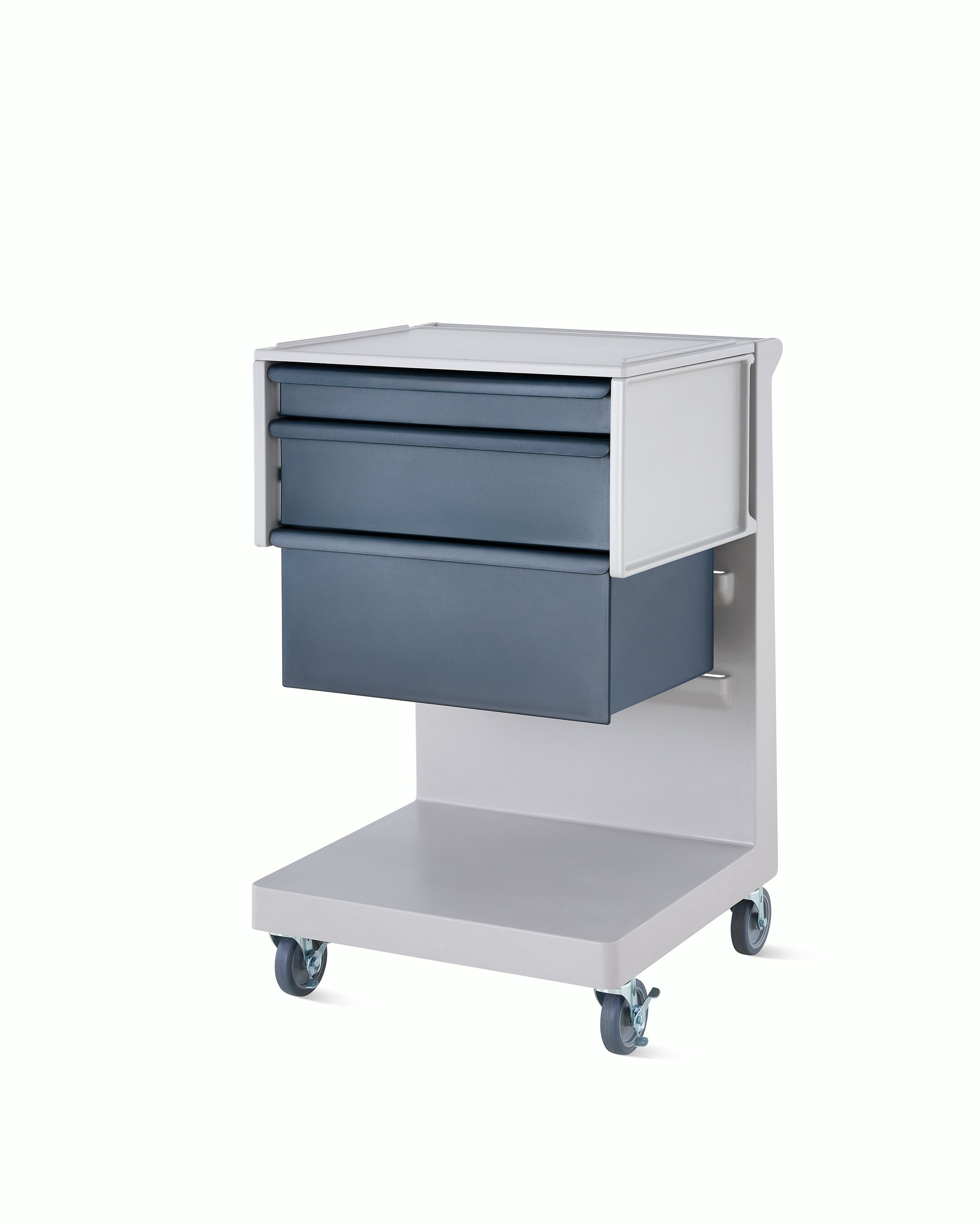 Detail of mobile Procedure and Supply L Cart and C Frame in a soft white body and dark blue modular drawers.