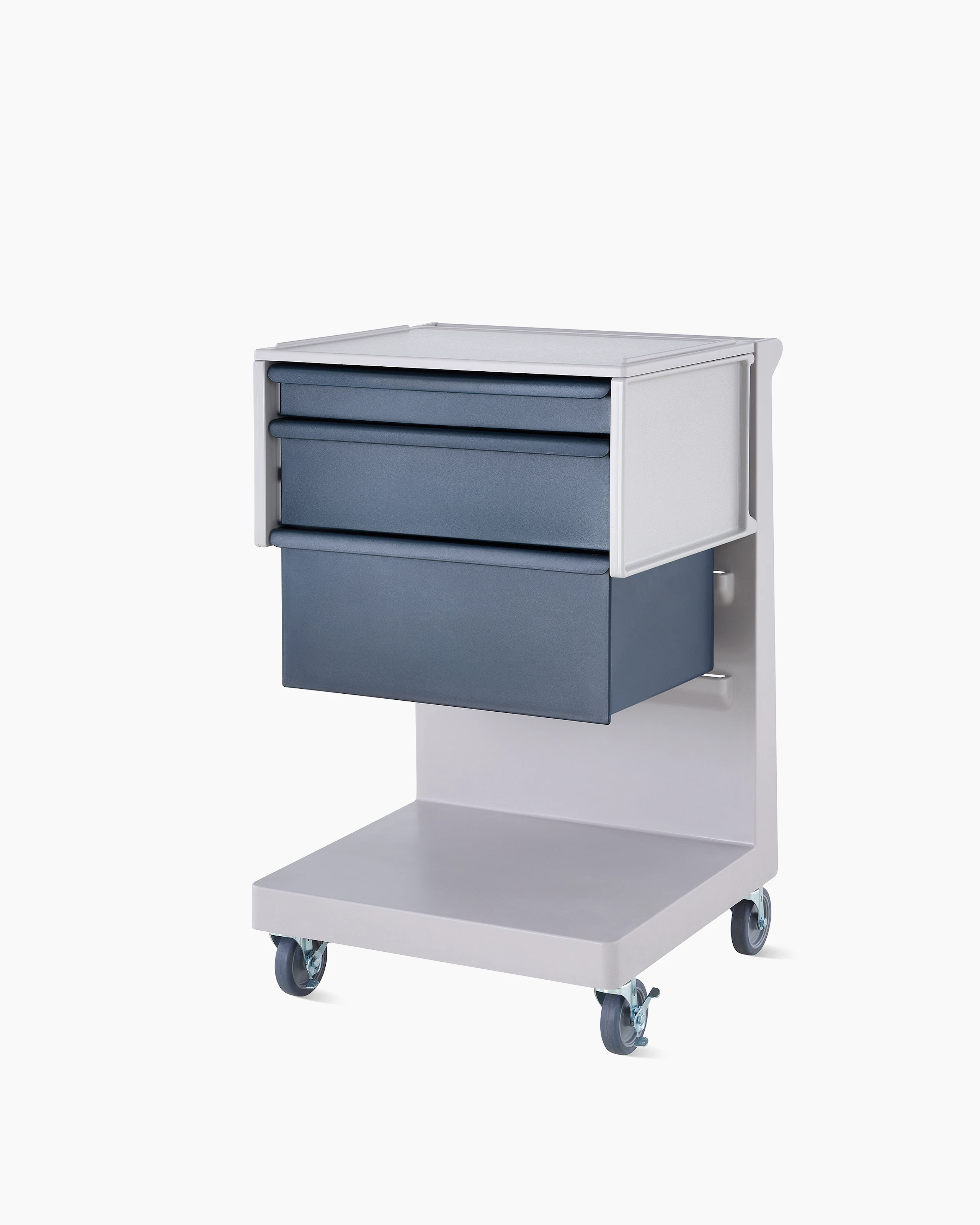 Detail of mobile Procedure and Supply L Cart and C Frame in a soft white body and dark blue modular drawers.