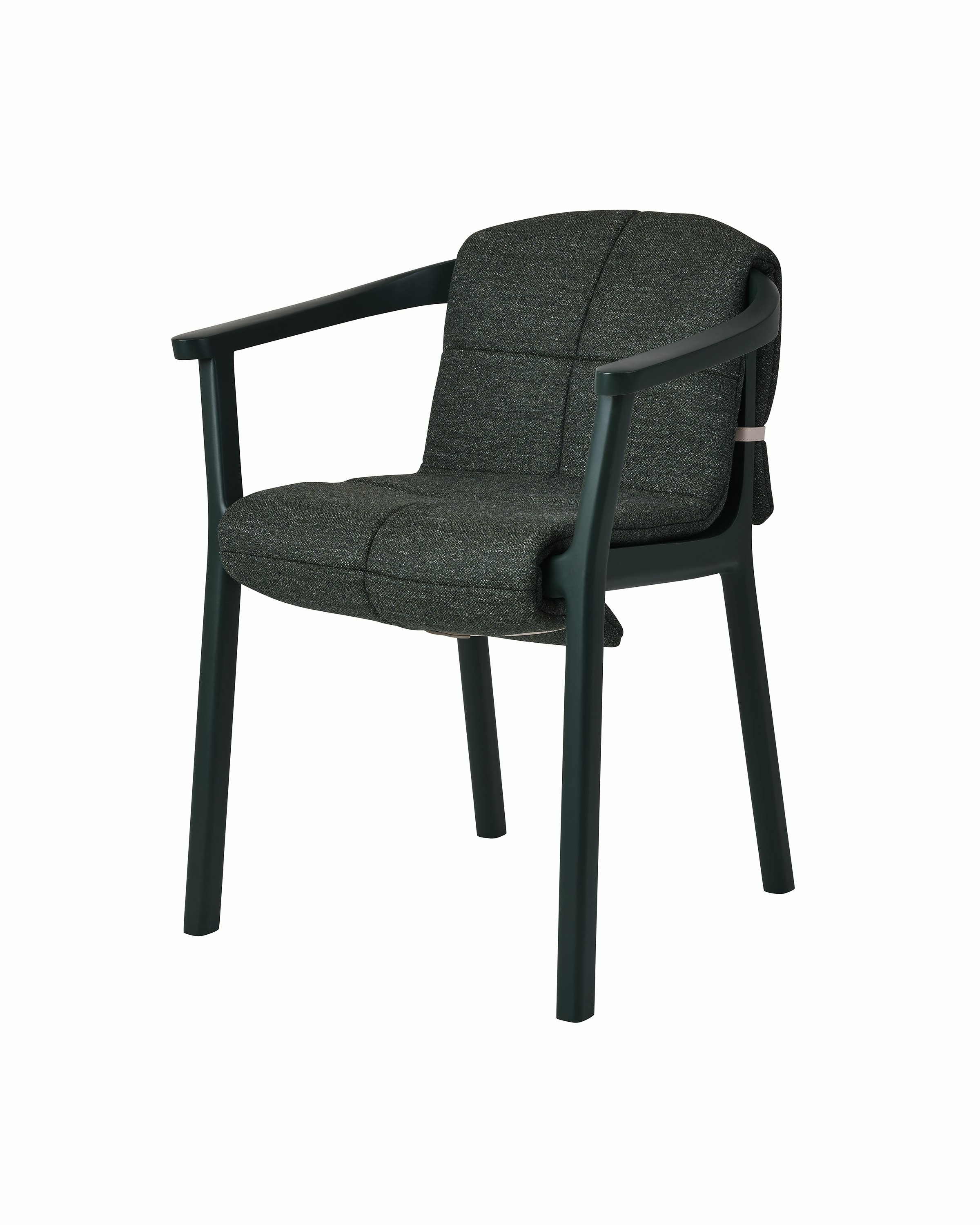 Lijn Armchair by Carole Baijings for Geiger in Ivy frame with quilted wrap in Bellano Black Green, angled front view on a white sweep.