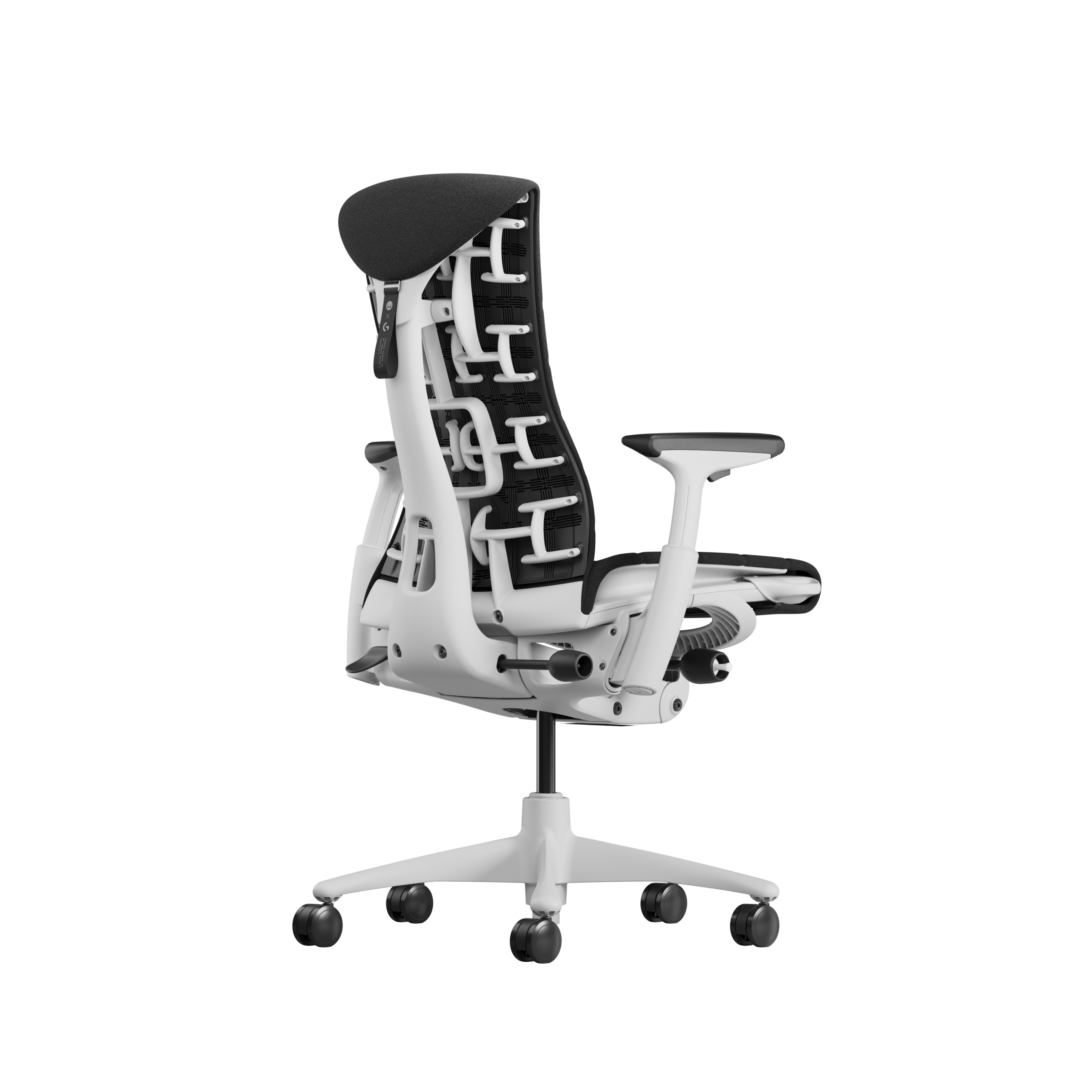 Embody Gaming Chair in  White and Black viewed from the back angle