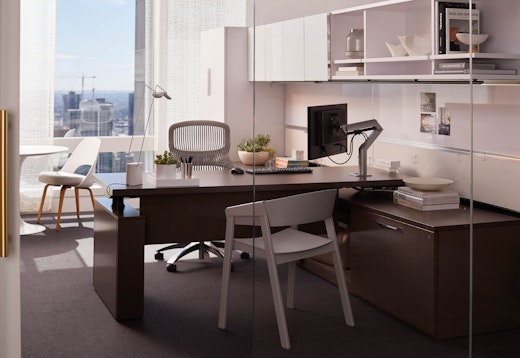 Knoll Reff Profiles private office height adjustable desk Sapper XYZ monitor arm Sparrow light Saarinen dining table Saarinen meeting table Muuto Cover Chair KnollStudio Saarinen Executive Plastic Back with wood legs guest seating guest chair accessories 