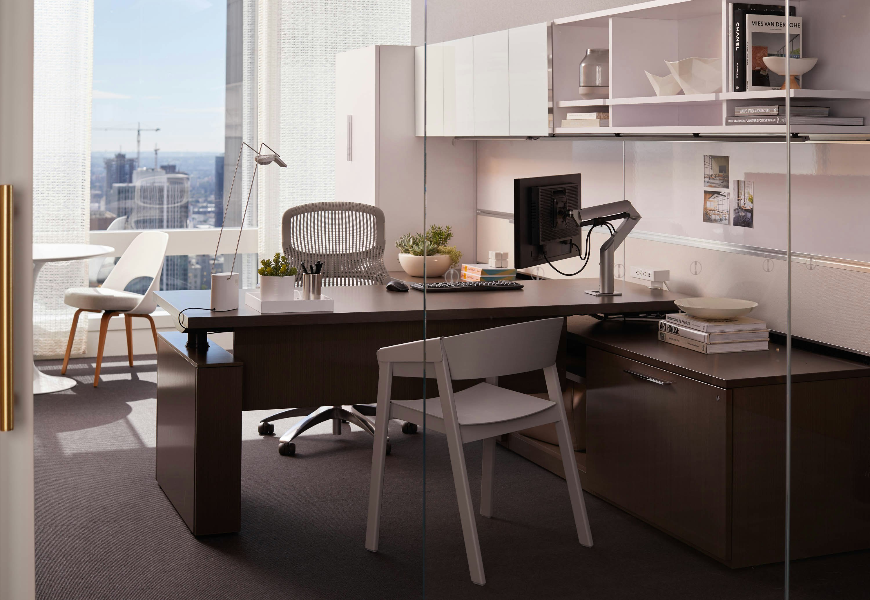 Knoll Reff Profiles private office height adjustable desk Sapper XYZ monitor arm Sparrow light Saarinen dining table Saarinen meeting table Muuto Cover Chair KnollStudio Saarinen Executive Plastic Back with wood legs guest seating guest chair accessories private office Generation by Knoll task chair work chair ergonomics