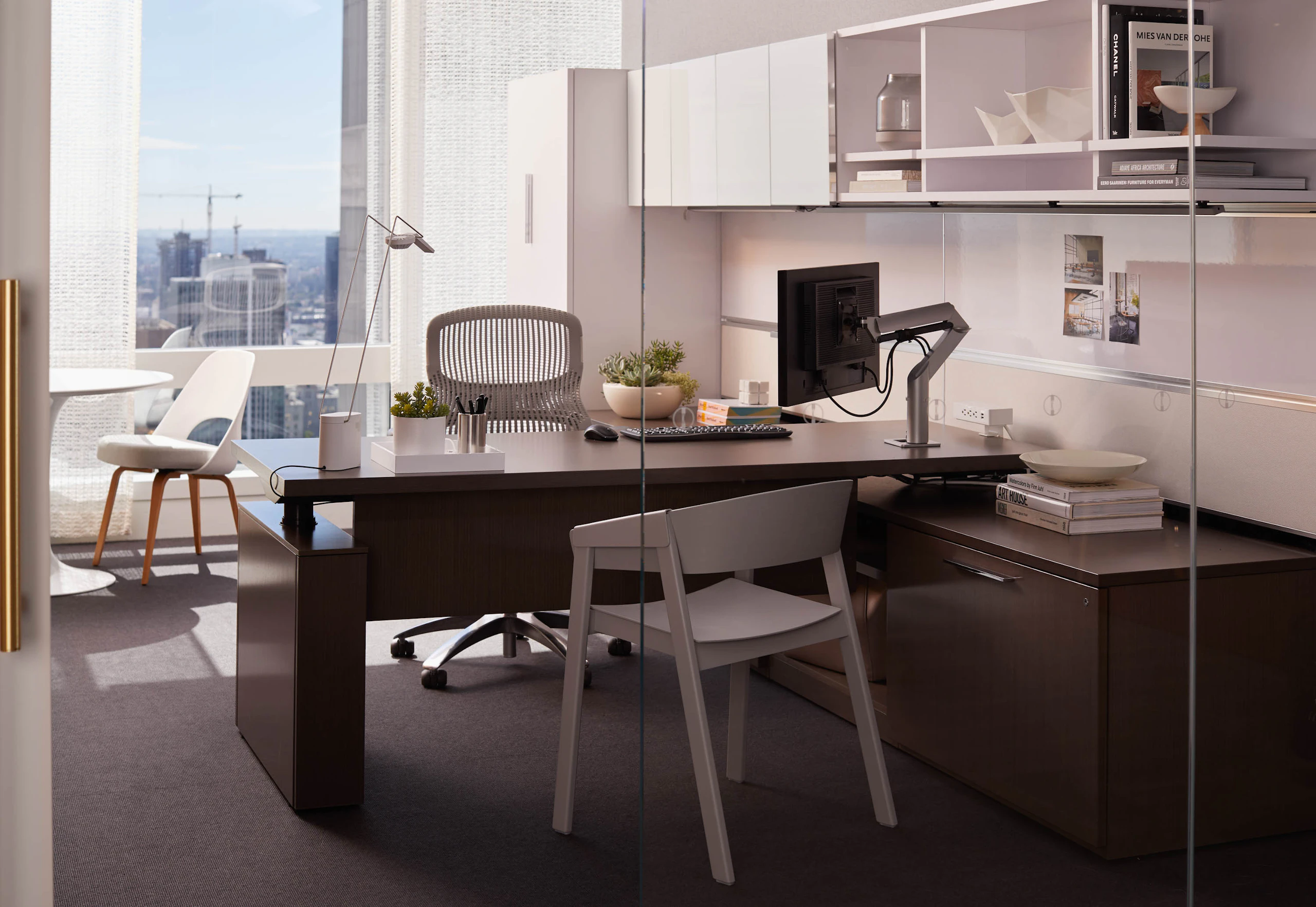 Knoll Reff Profiles private office height adjustable desk Sapper XYZ monitor arm Sparrow light Saarinen dining table Saarinen meeting table Muuto Cover Chair KnollStudio Saarinen Executive Plastic Back with wood legs guest seating guest chair accessories private office Generation by Knoll task chair work chair ergonomics