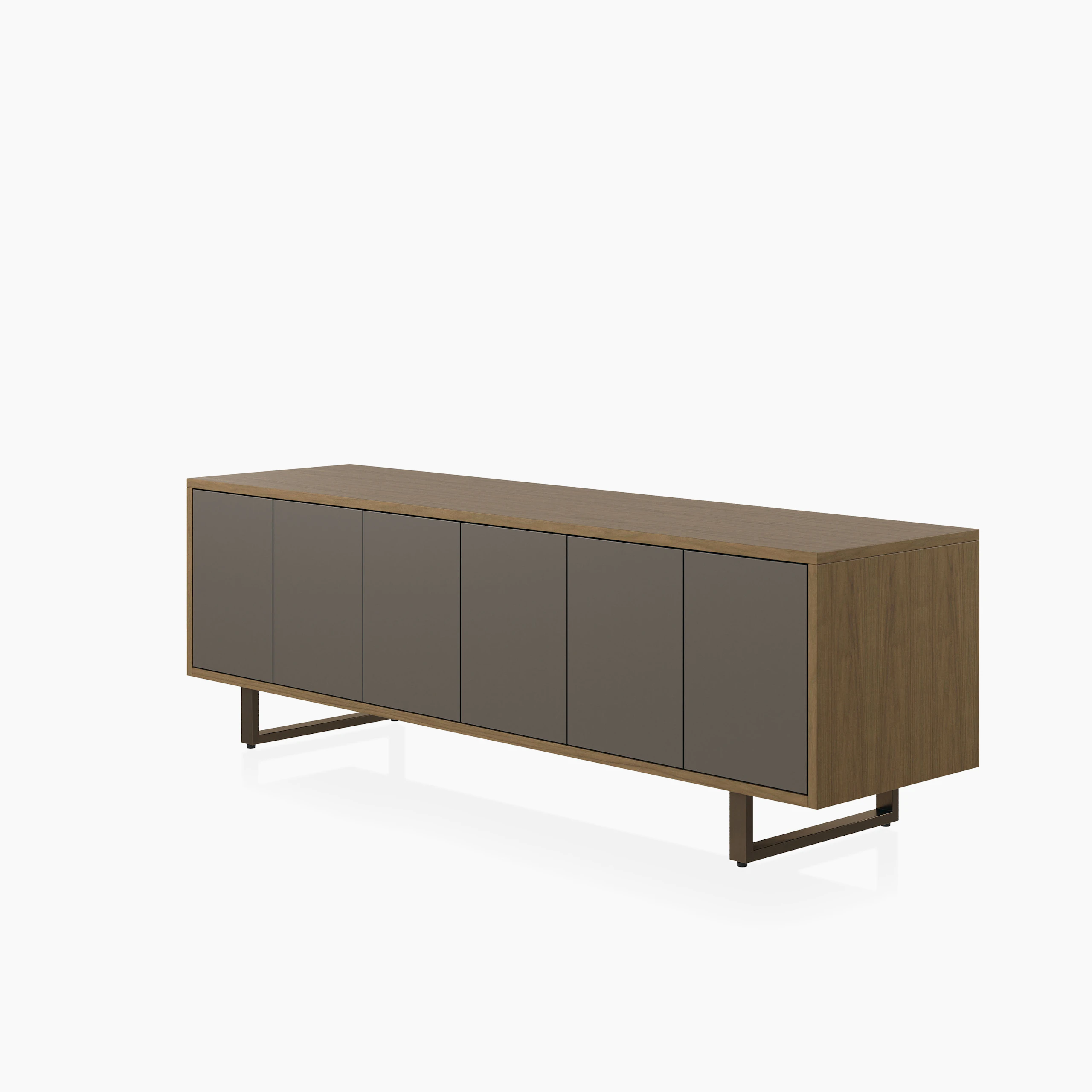 Highline Twenty Five Credenza in Natural Flat Cut Walnut with Grey painted front and Oil Rubbed Bronze base viewed from a 45 degree angle.