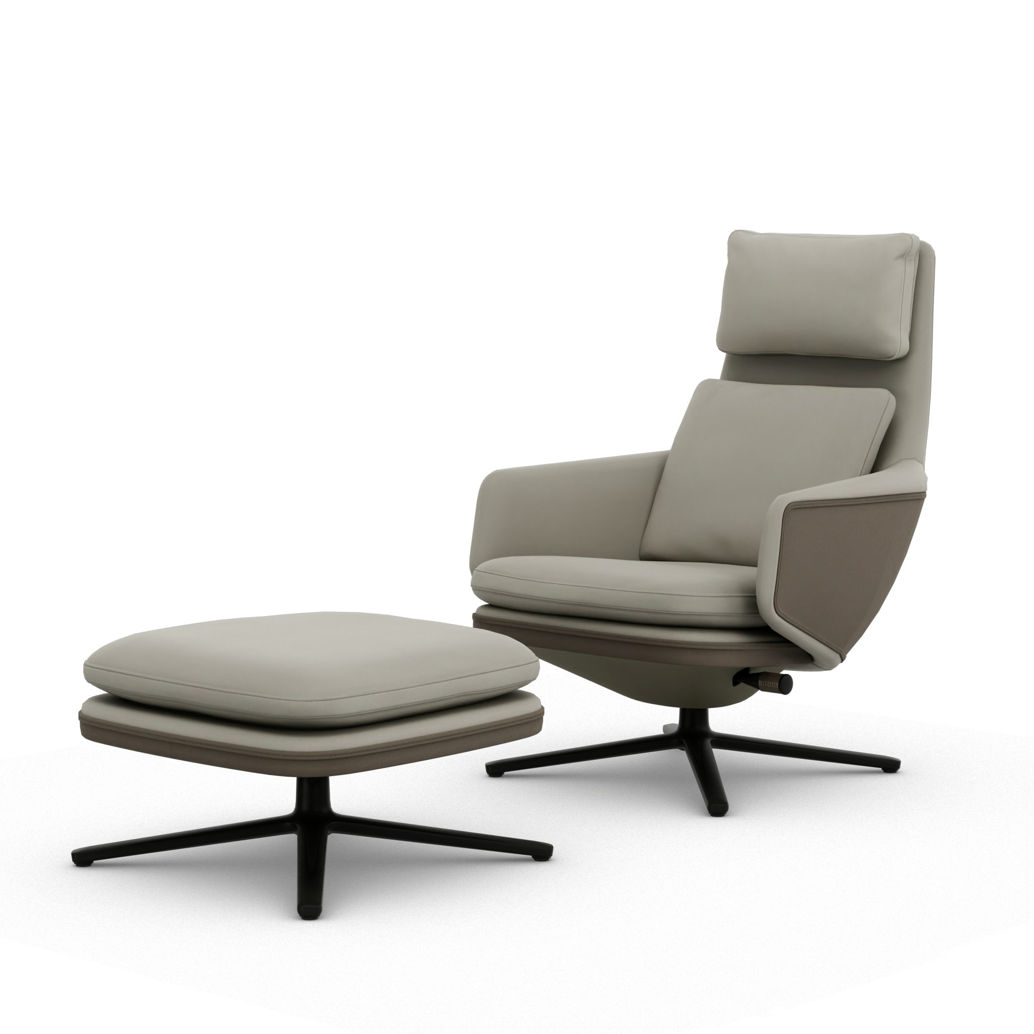 Grand Relax Lounge Chair and Ottoman - Premium Leather, Snow, Back Uph, Leather Forte, Sand, Basic Dark