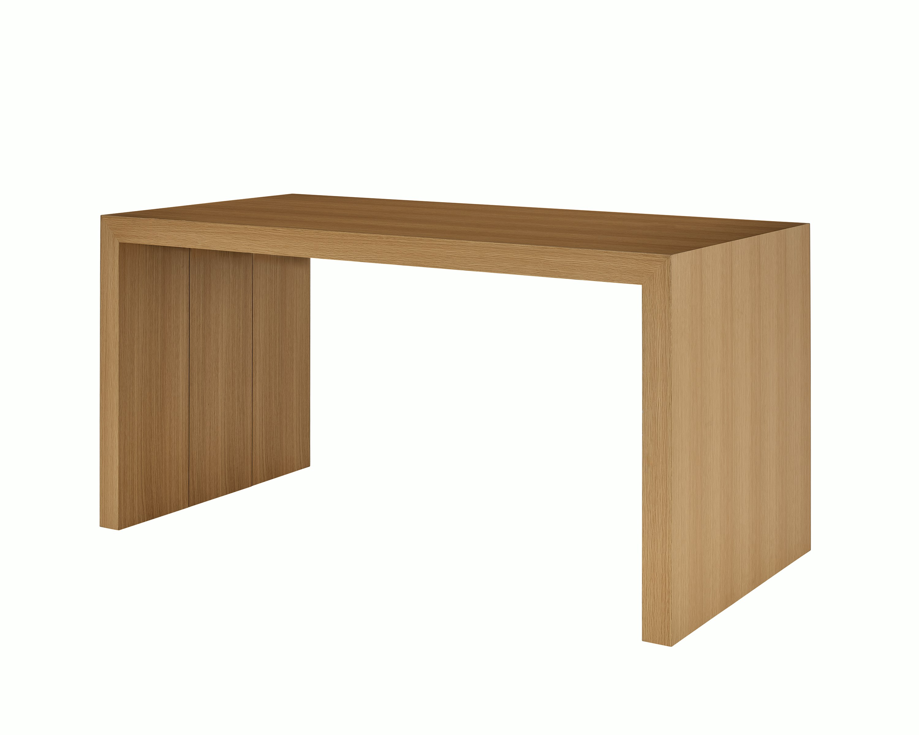 Counter Height JD Waterfall Table in Natural Rift Cut Oak, shown at a front angle on a white sweep.