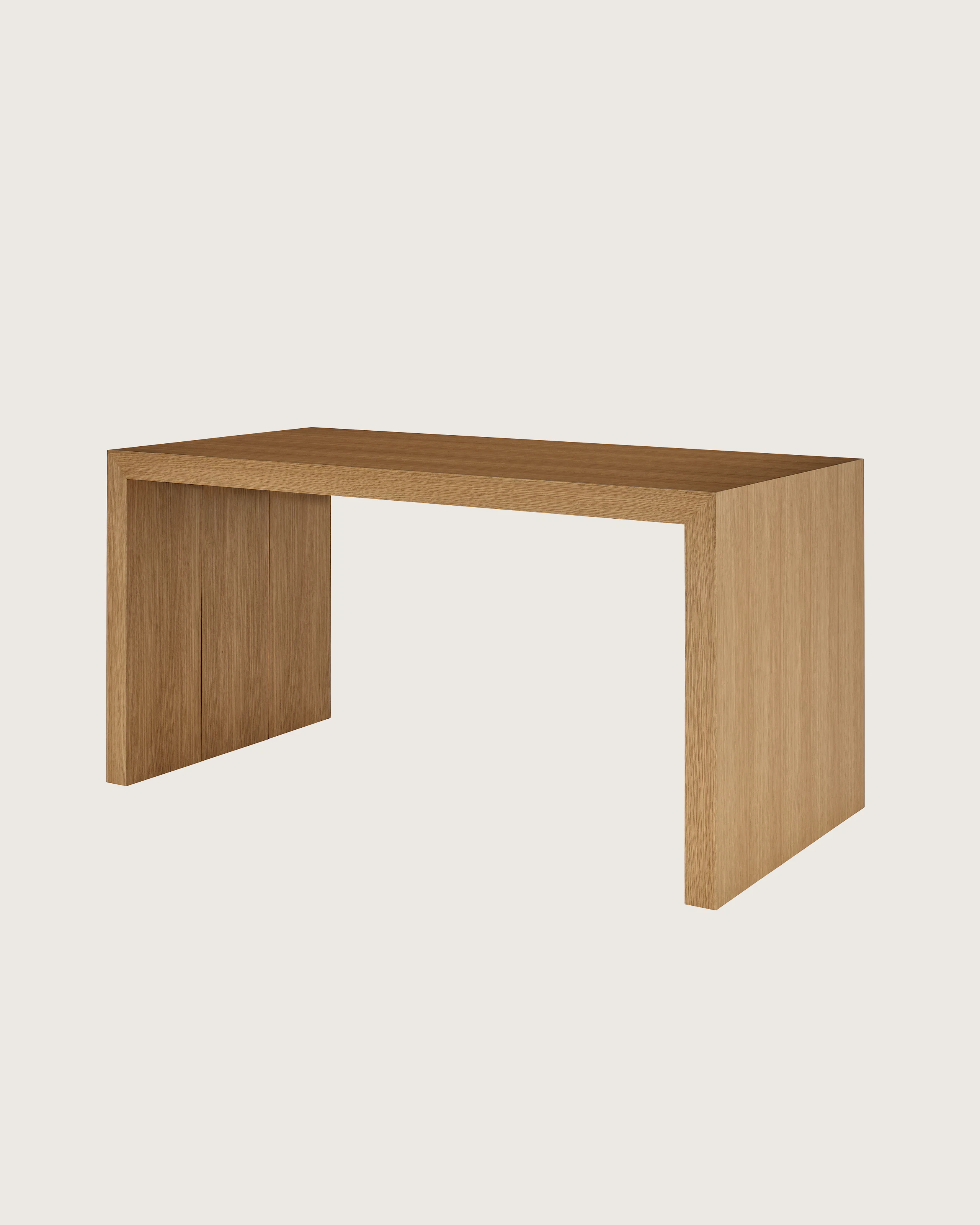 Counter Height JD Waterfall Table in Natural Rift Cut Oak, shown at a front angle on a white sweep.