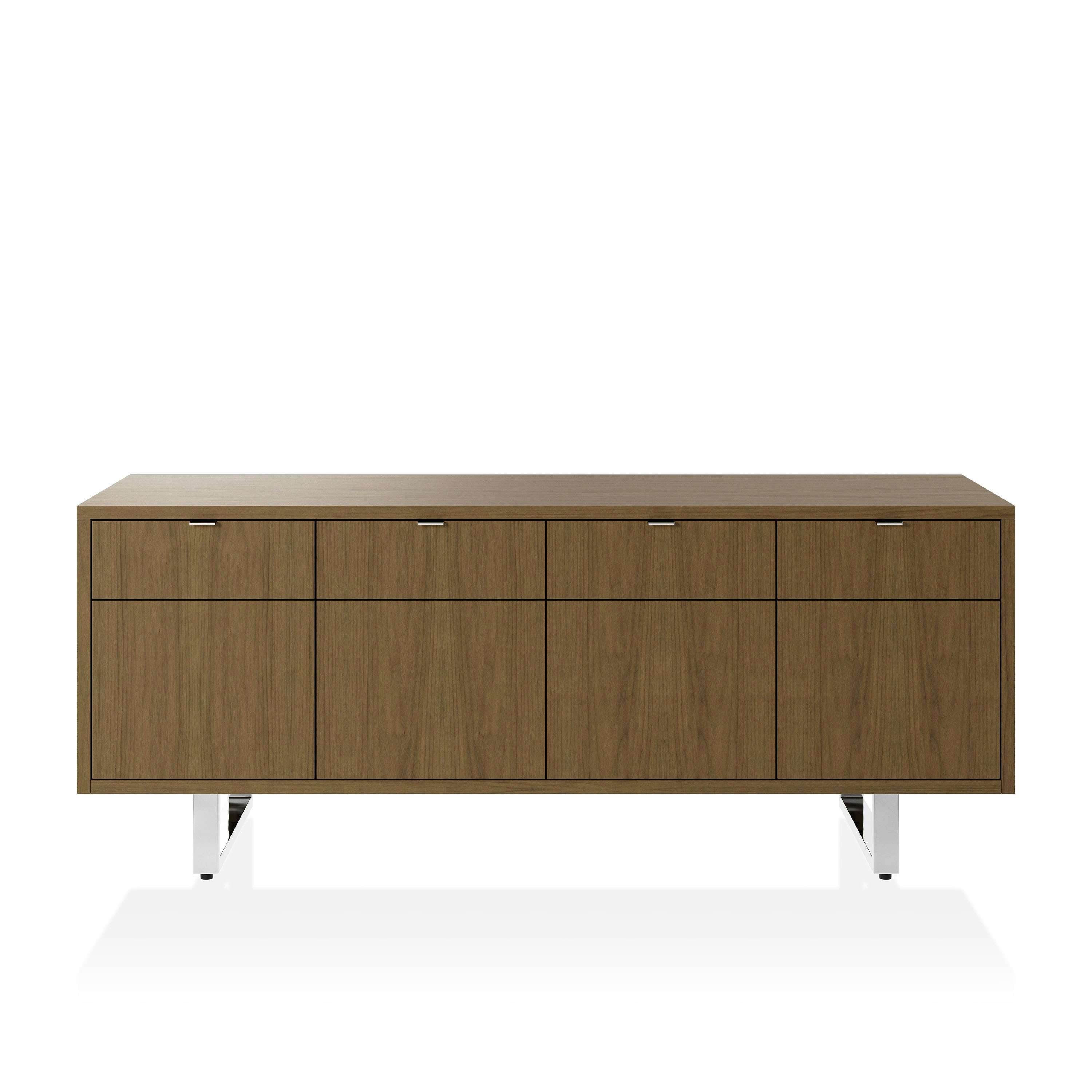Highline Twenty Five Credenza in Natural Flat Cut Walnut with Polished Chrome base and drawer pulls viewed from the front.