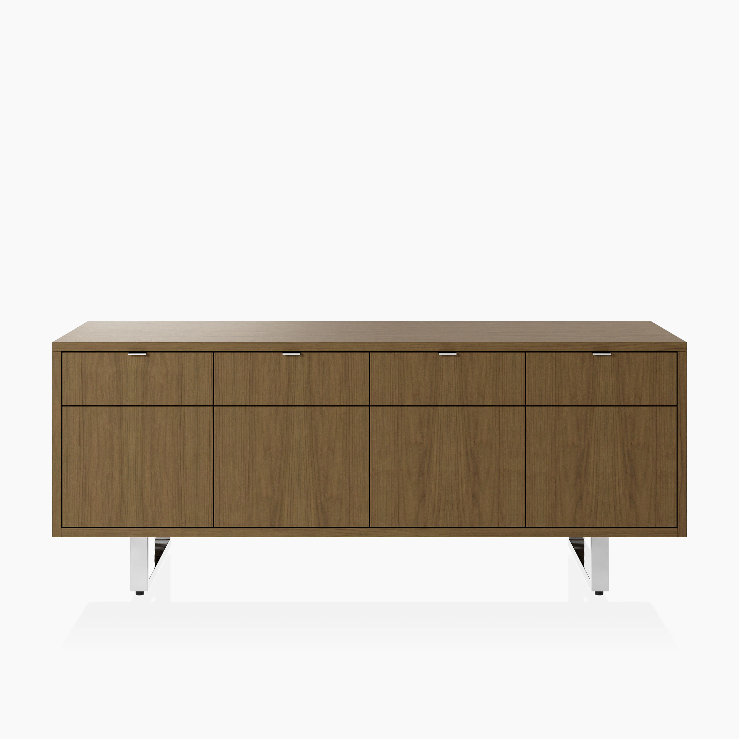 Highline Twenty Five Credenza in Natural Flat Cut Walnut with Polished Chrome base and drawer pulls viewed from the front.