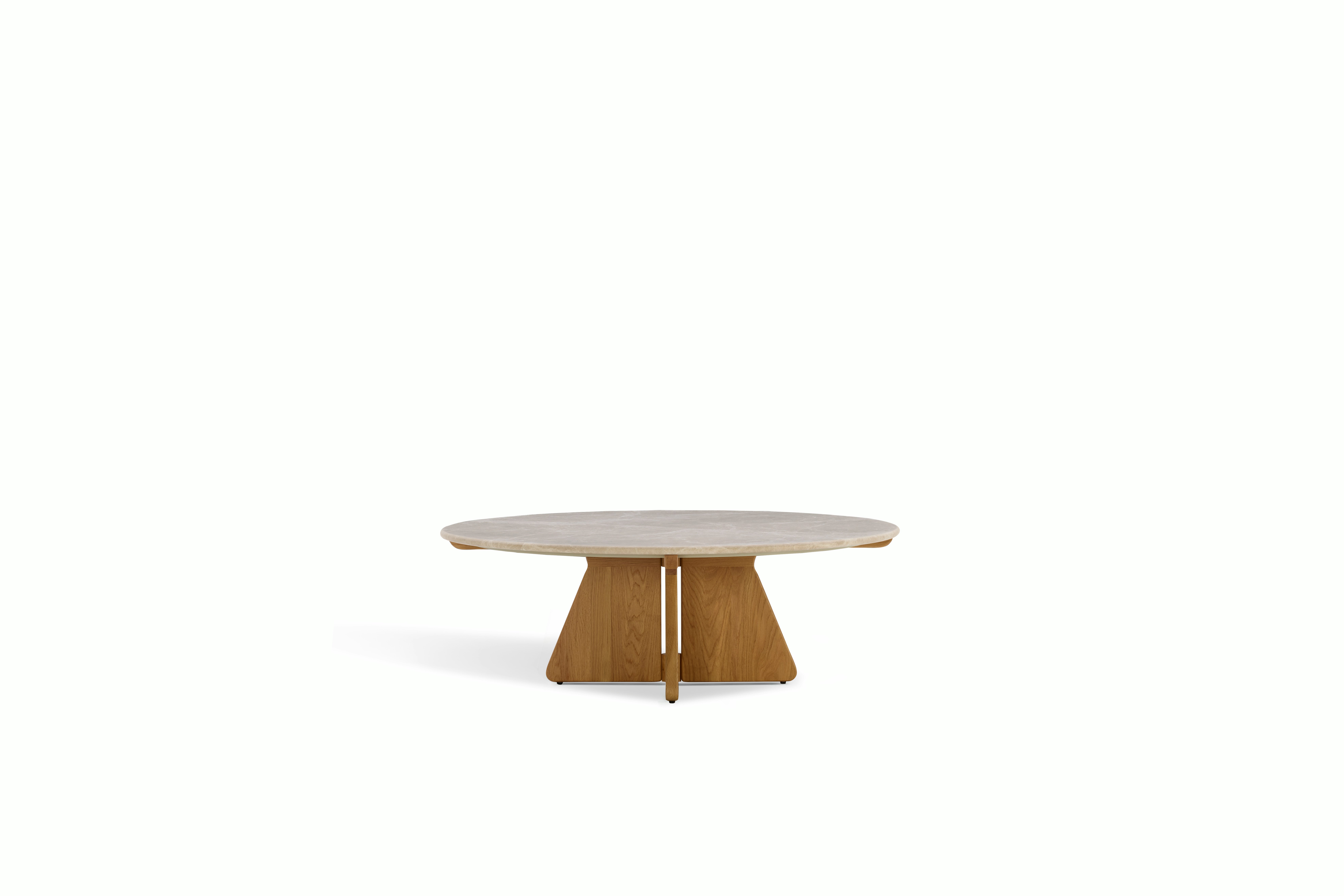 A Pinna Coffee Table in Emperador Oak viewed from the front.