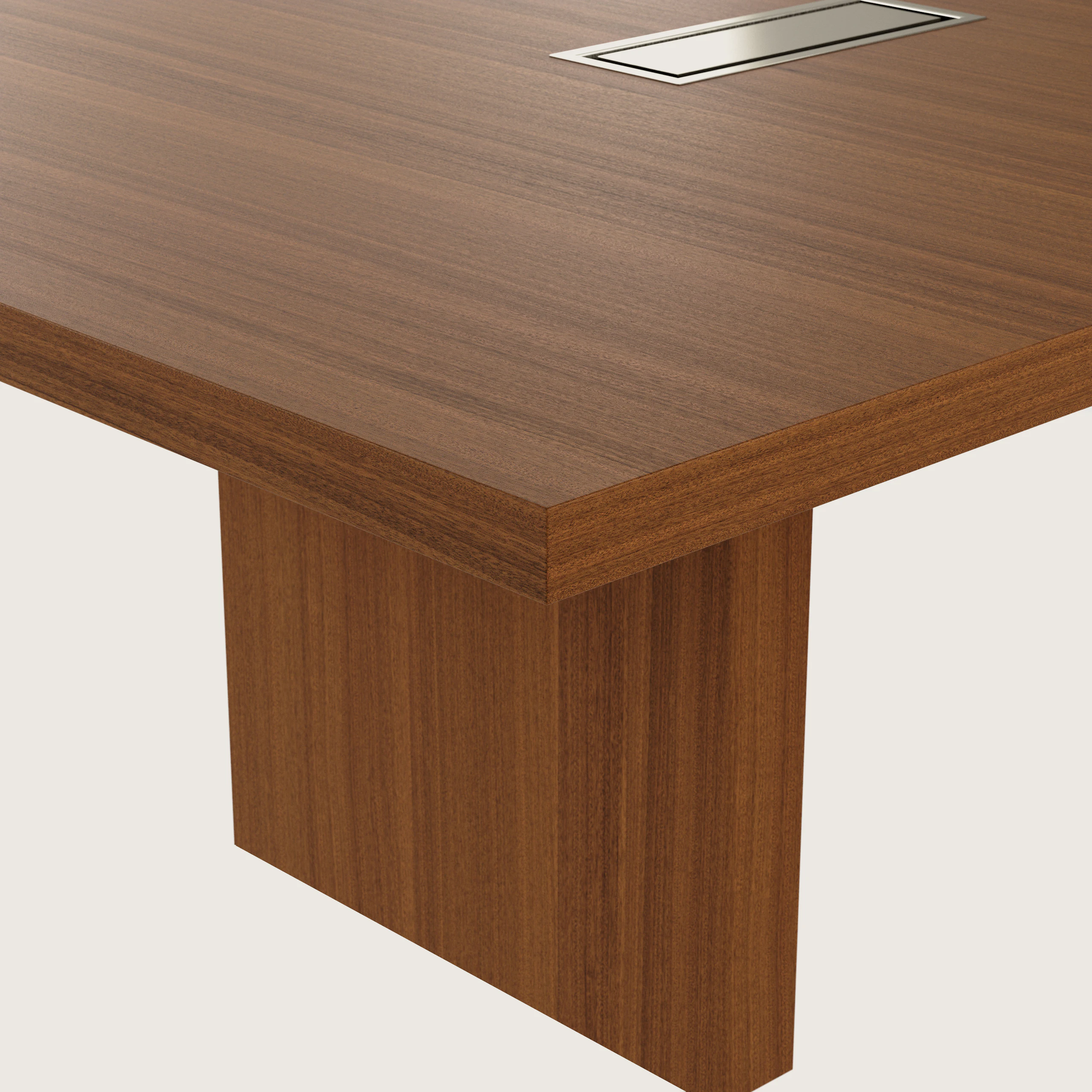 Edge detail shot of JD Media Table in Natural Quarter Cut Walnut with a 2 inch thick top.