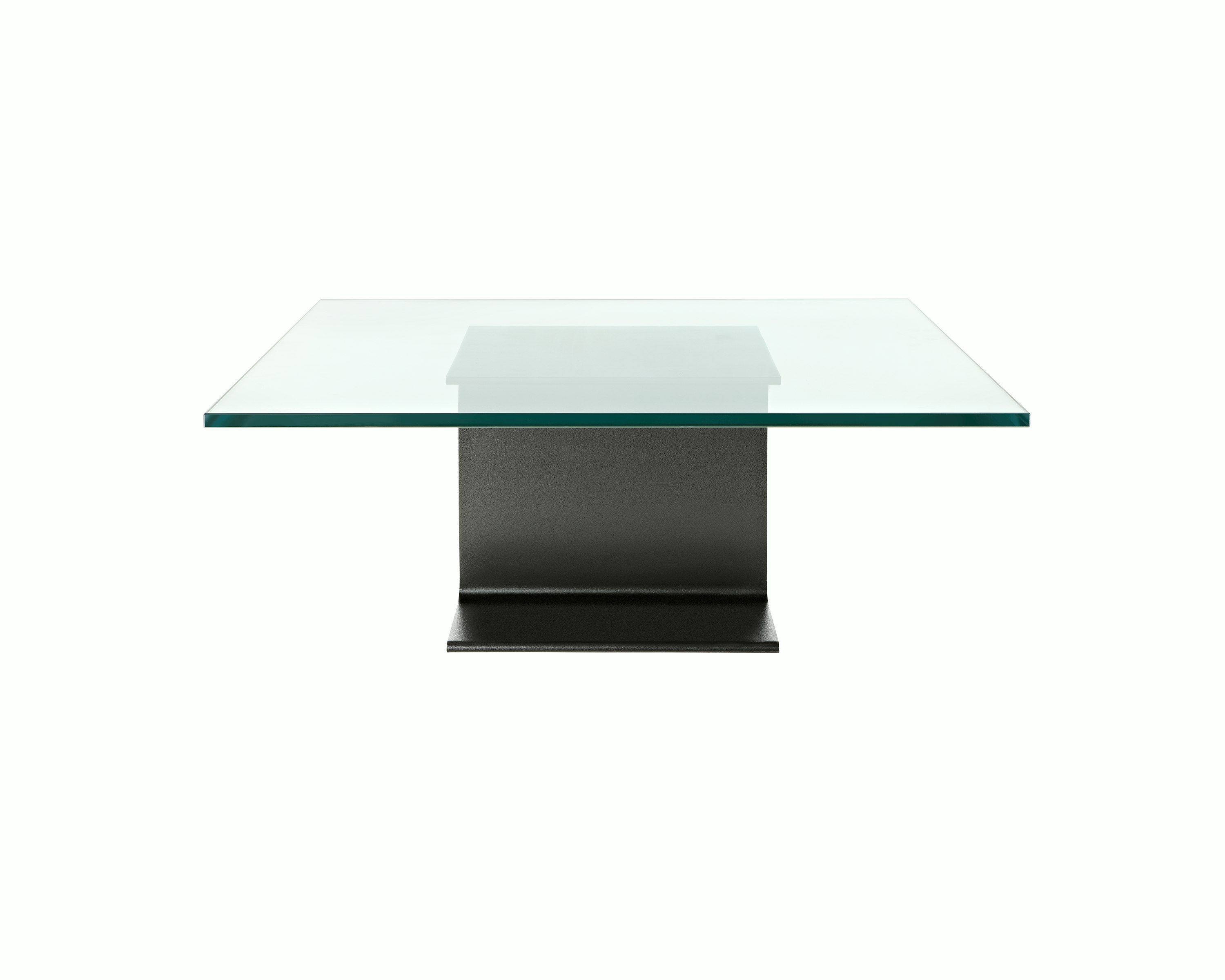 A glass-top I Beam coffee table, oriented to display the cast-aluminum pedestal's central section.