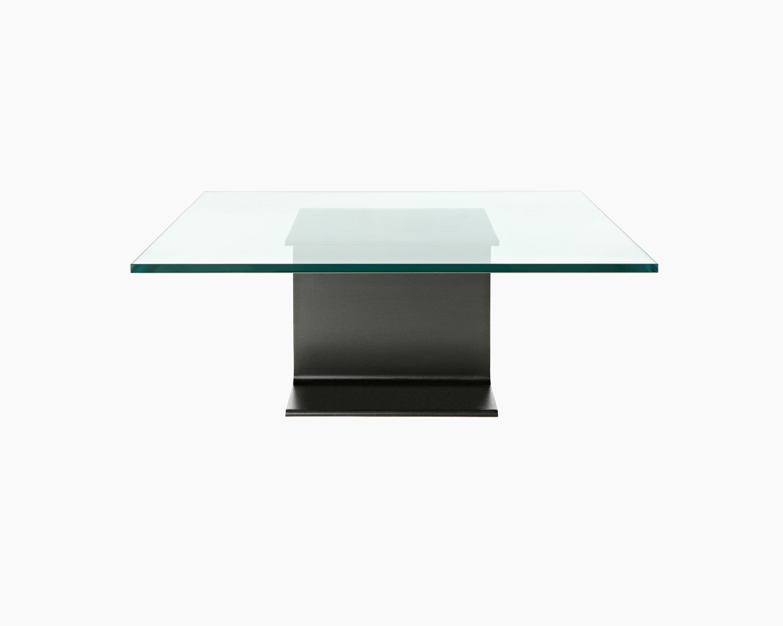 A glass-top I Beam coffee table, oriented to display the cast-aluminum pedestal's central section.