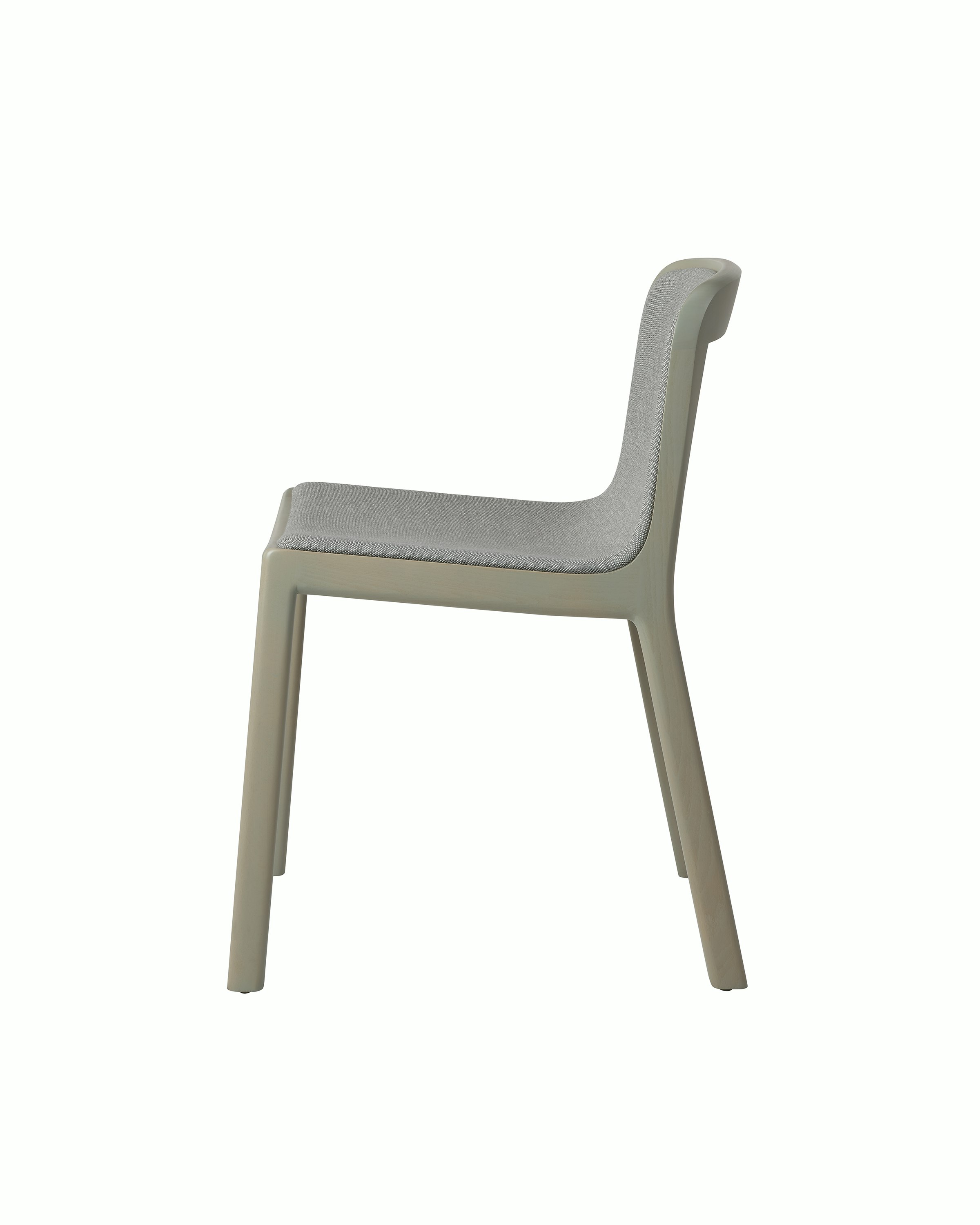 Lijn Side Chair by Carole Baijings for Geiger in Pumice frame upholstered with Maharam Rowan in Daydream, side view on a white sweep.