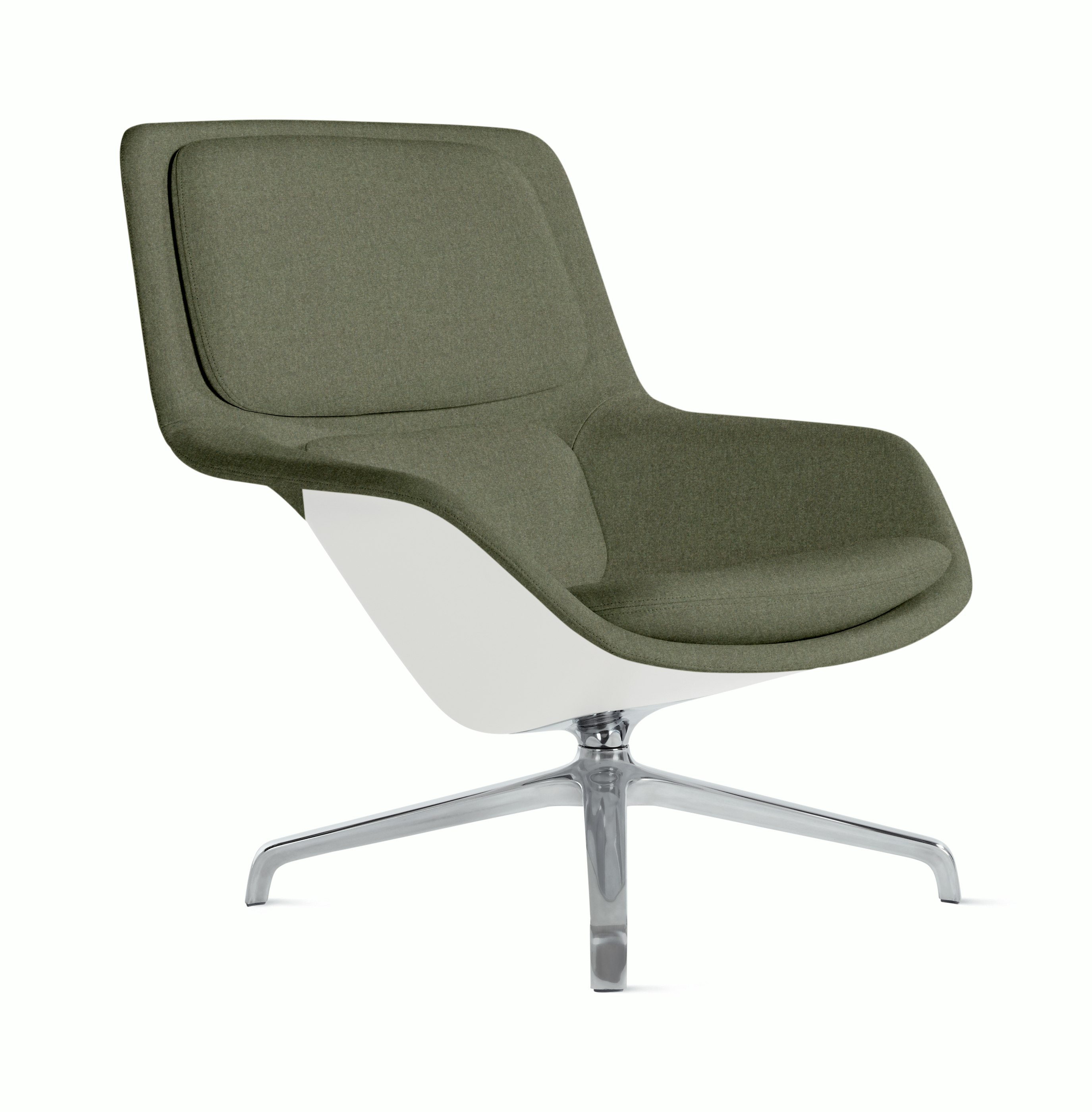Striad Lounge Chair in Mid Back,  4-Star Swivel Base Polished Alumium,  Luce,  Agrarian with White Shell