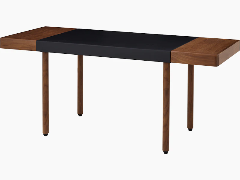 New Canaan Leatherwrap Sit-to-Stand Desk in Walnut and Black Leather, two drawers, angled view.