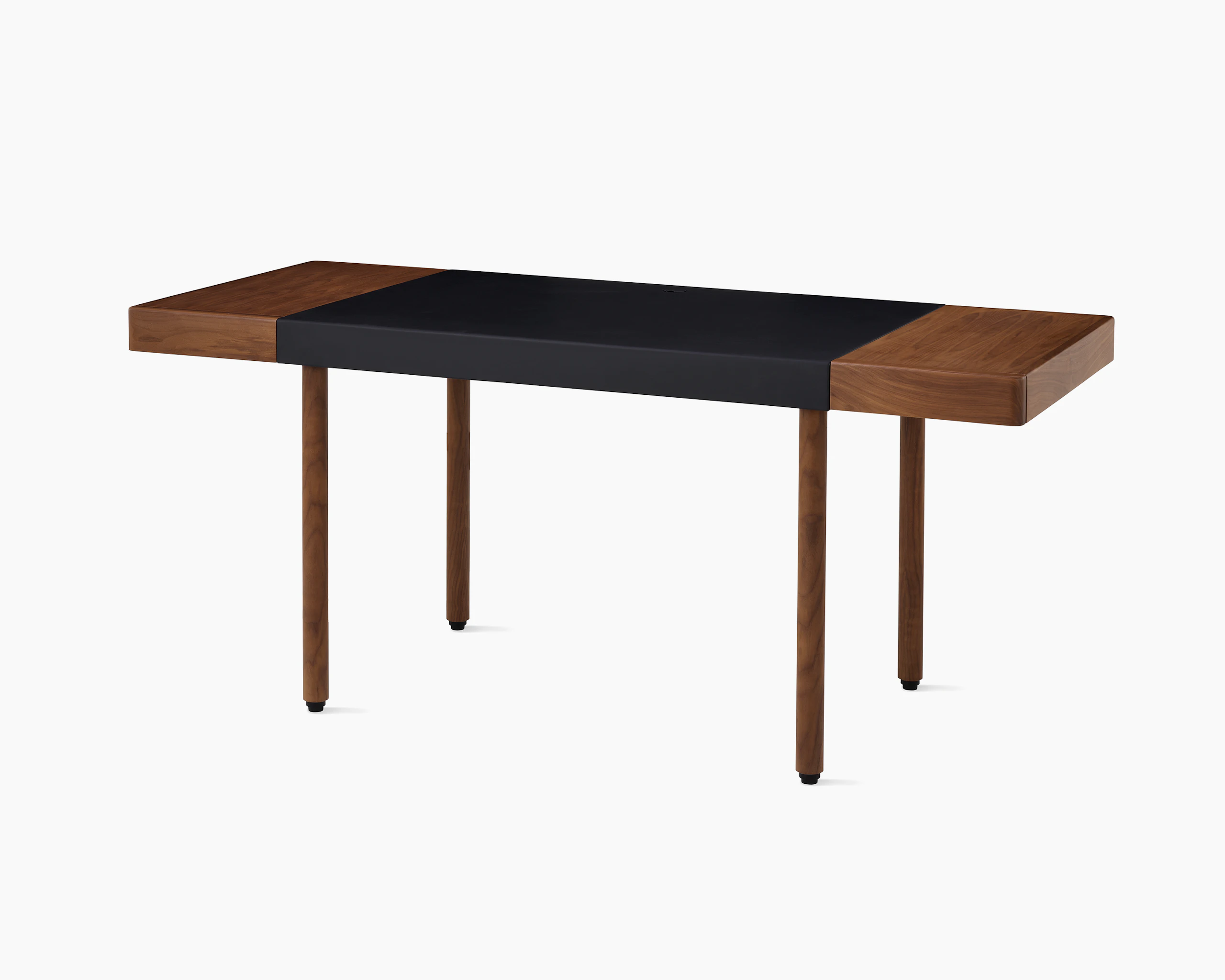 New Canaan Leatherwrap Sit-to-Stand Desk in Walnut and Black Leather, two drawers, angled view.