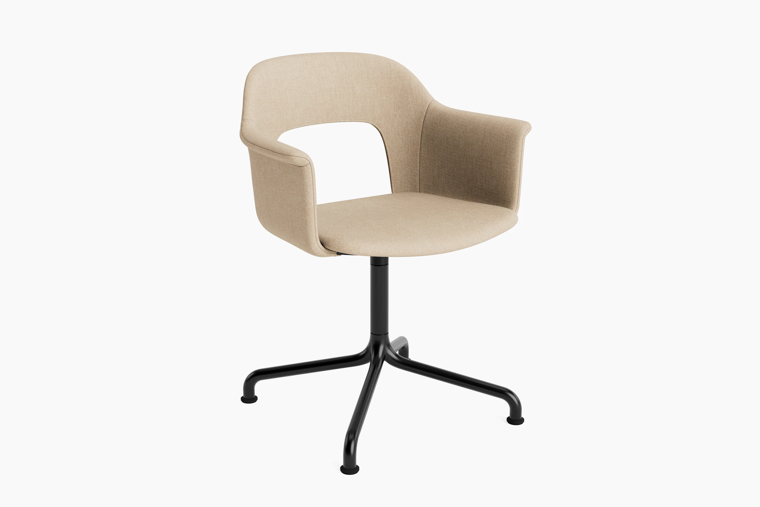 Layout Armchair fully upholstered beige on black aluminum arc base, front angled view