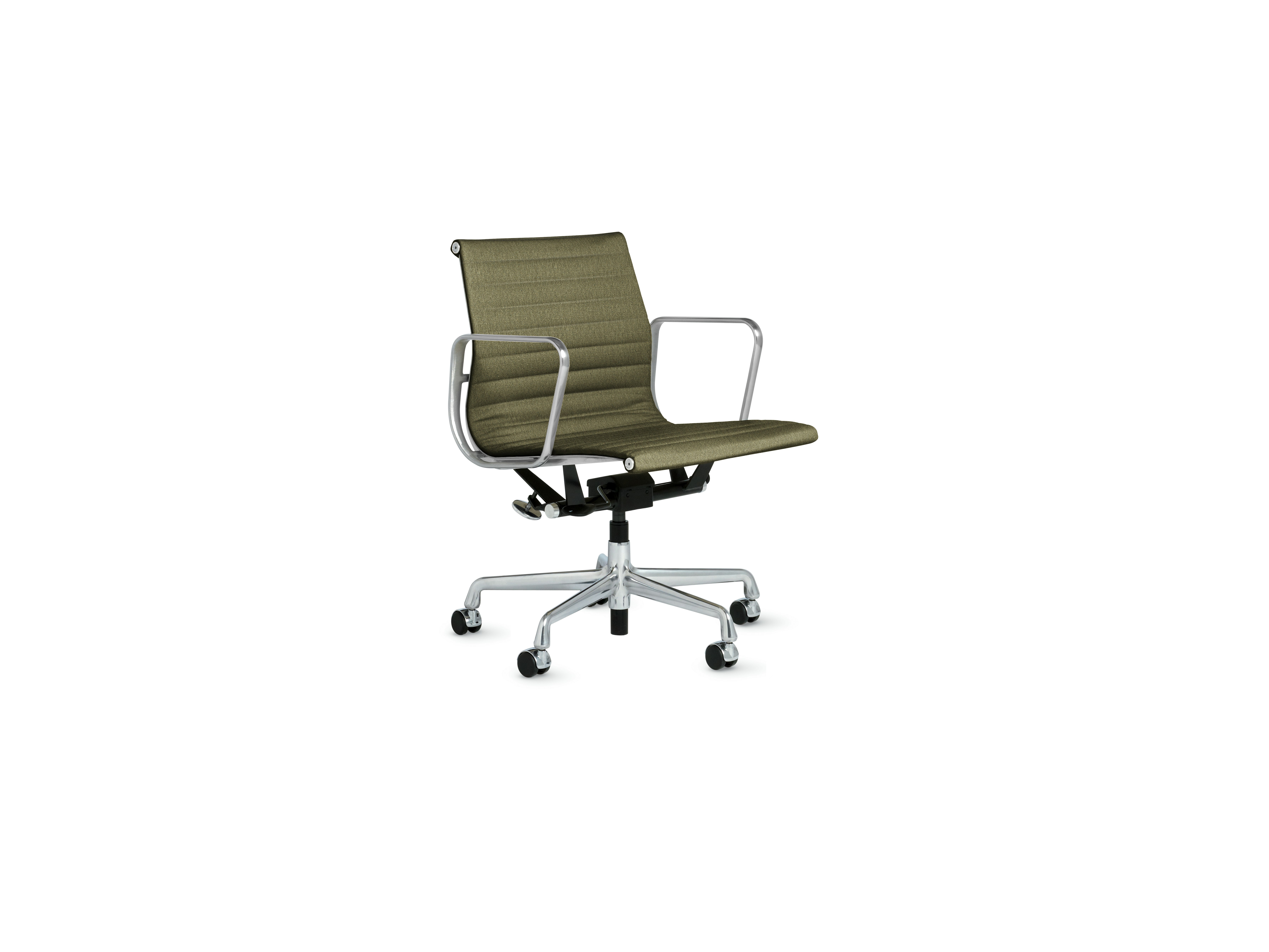 A Eames Aluminum Group Chairs in spruce and chrome viewed from an angle.