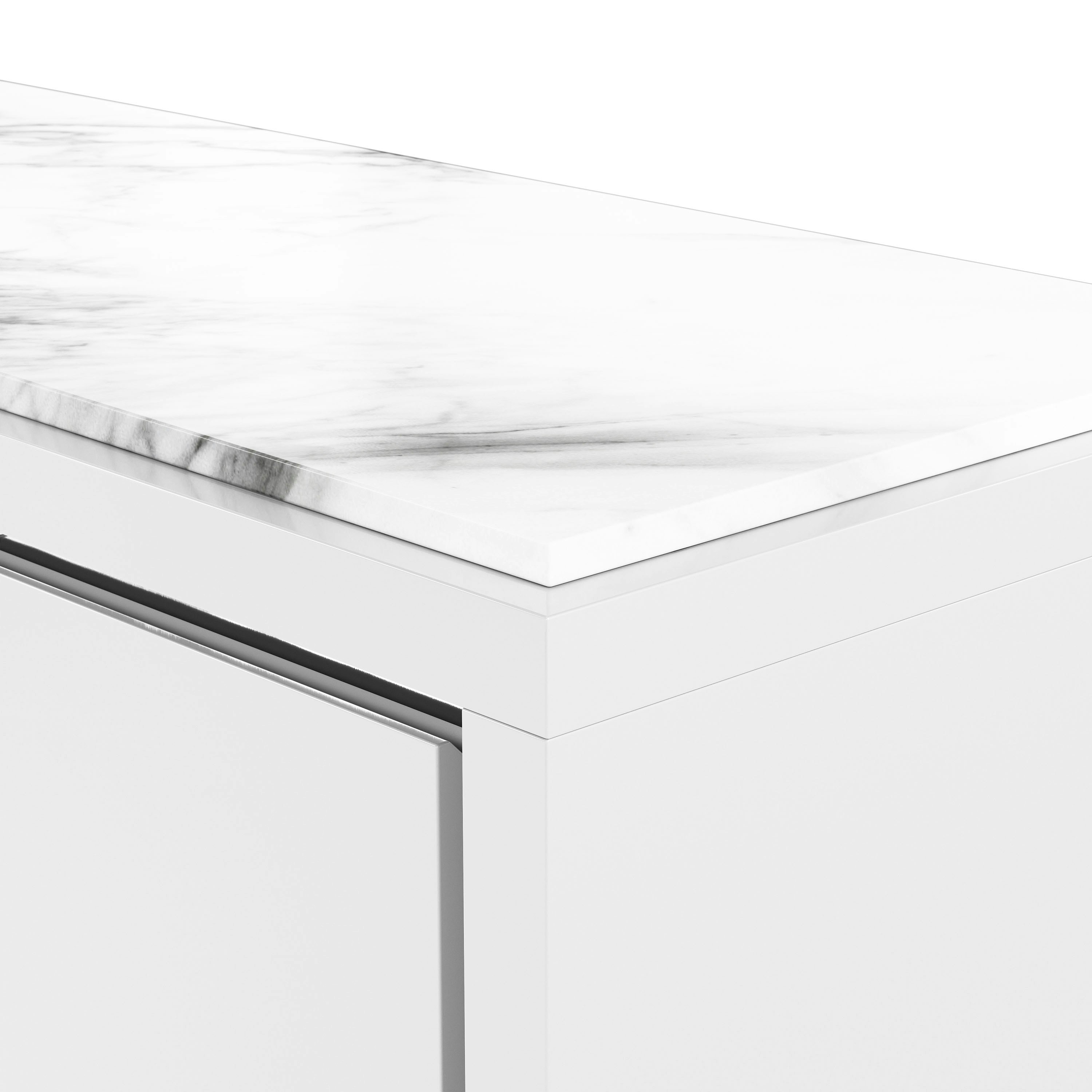 Edge detail shot of Highline Fifty Credenza in White Polyester with White Carrara Marble top and Polished Chrome Metal trim.