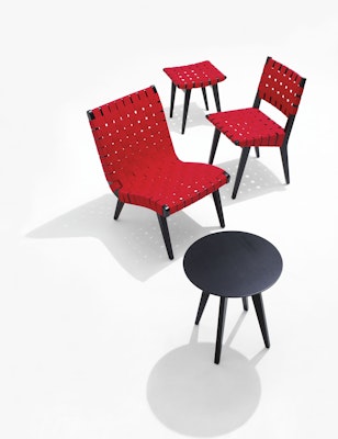 Risom side chair, stool, lounge chair and table in ebonized maple with red webbed seats
