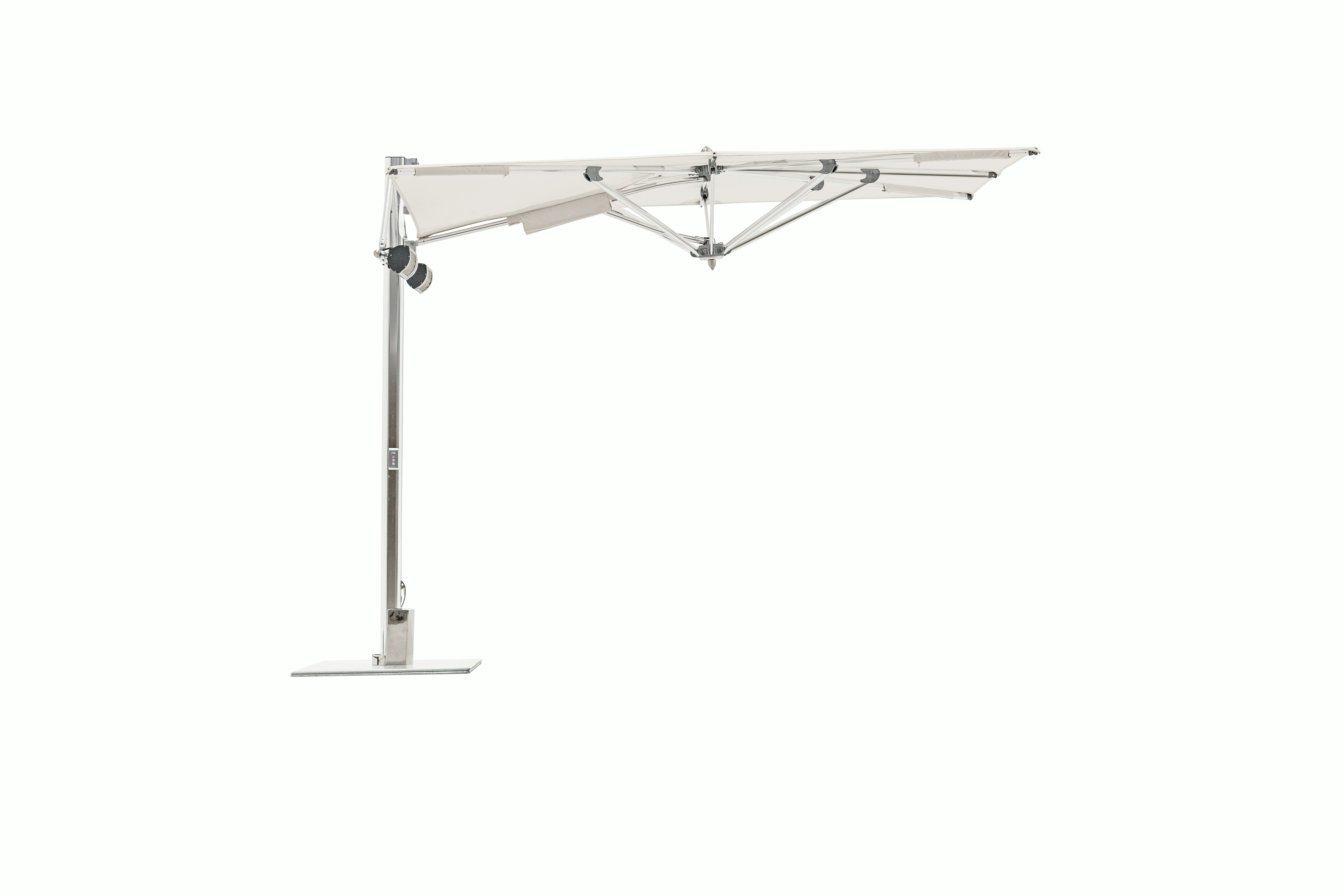 A Tuuci Ocean Master Max Low-Profile Cantilever Umbrella w/Heating & Lighting in Scallop White Low viewed from the front.