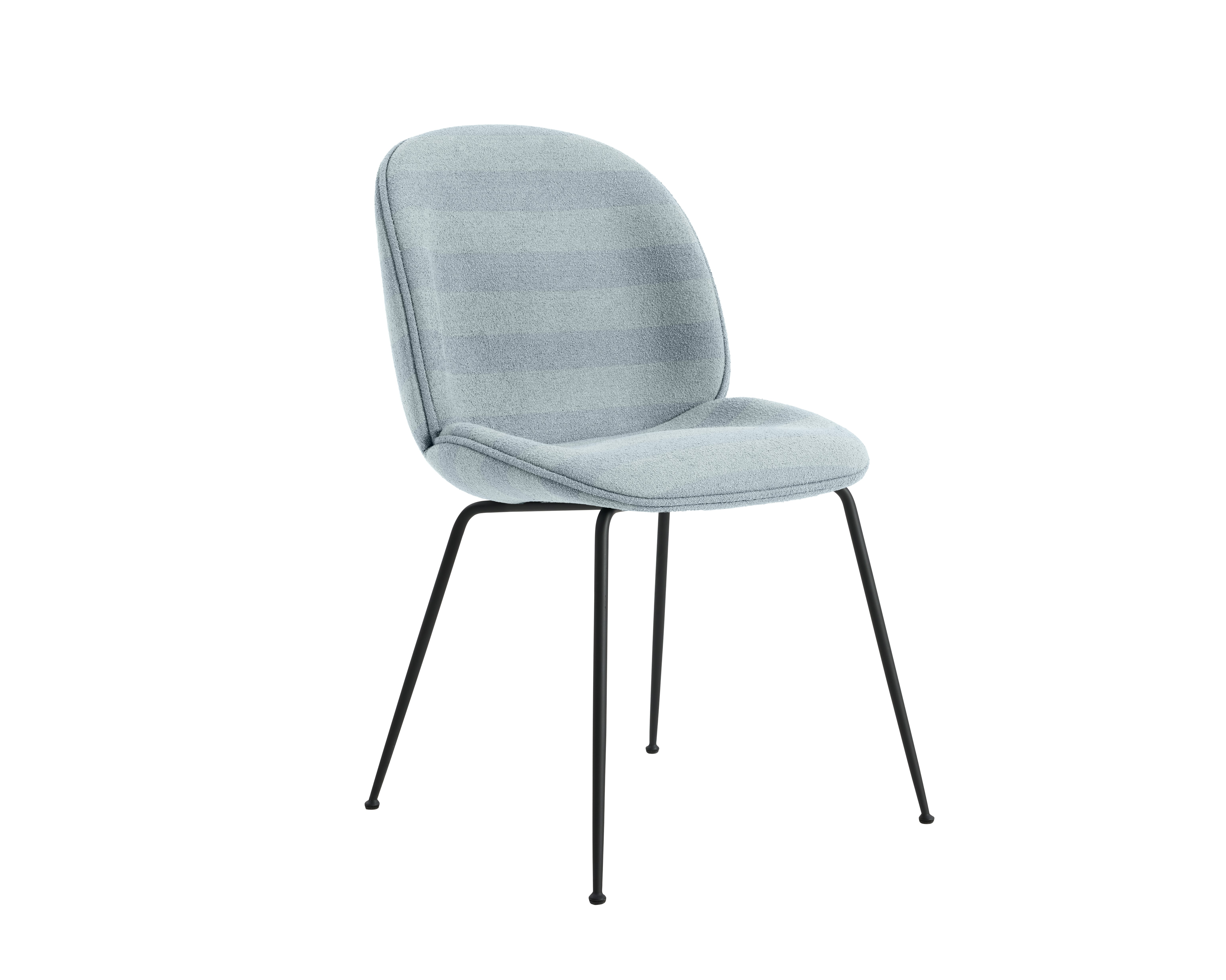A Beetle Side Chair in blue grey black, metal viewed from an angle.