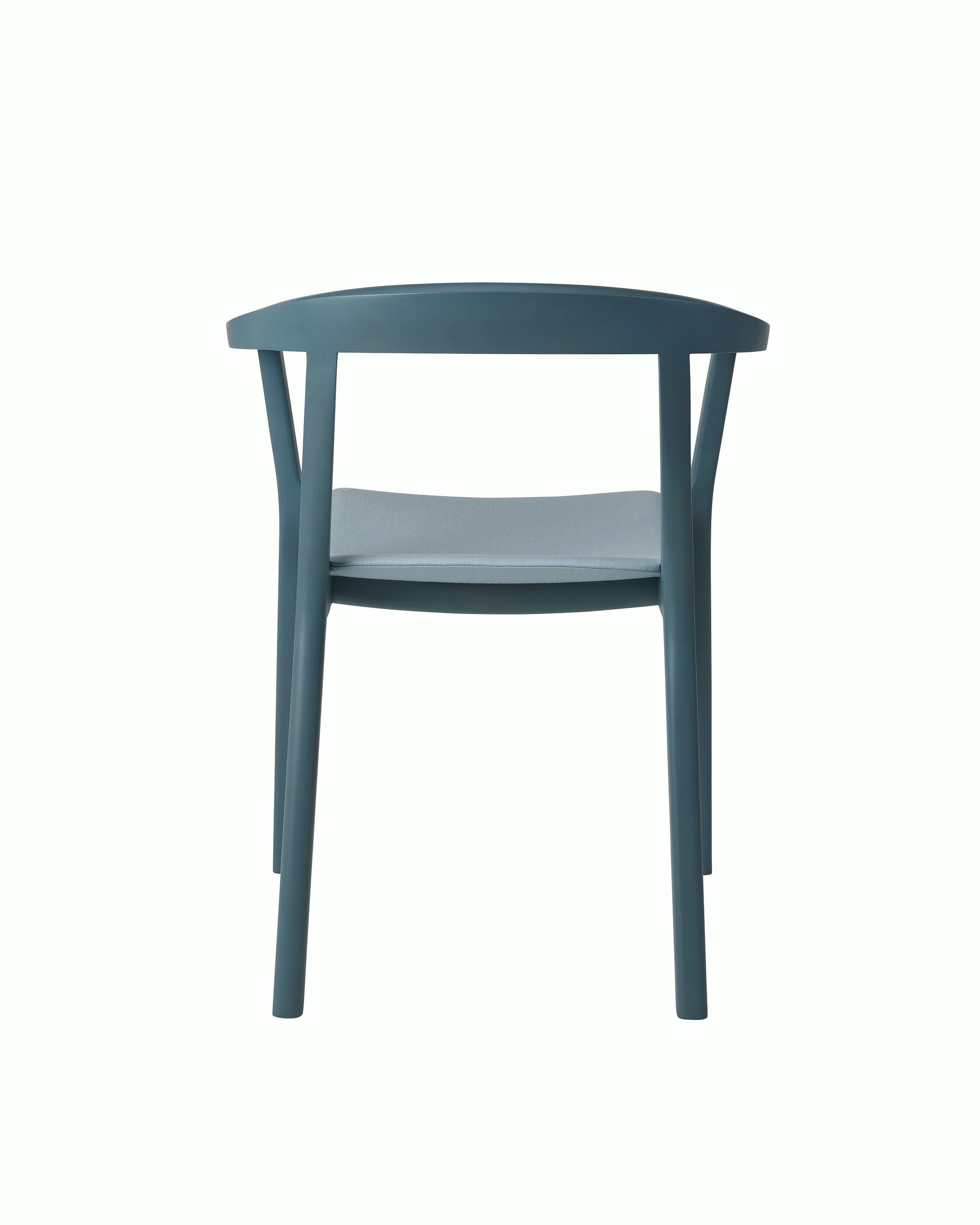 Lijn Armchair by Carole Baijings for Geiger in Nordic Blue frame upholstered with Maharam Valor in Alfresco, back view on a white sweep.
