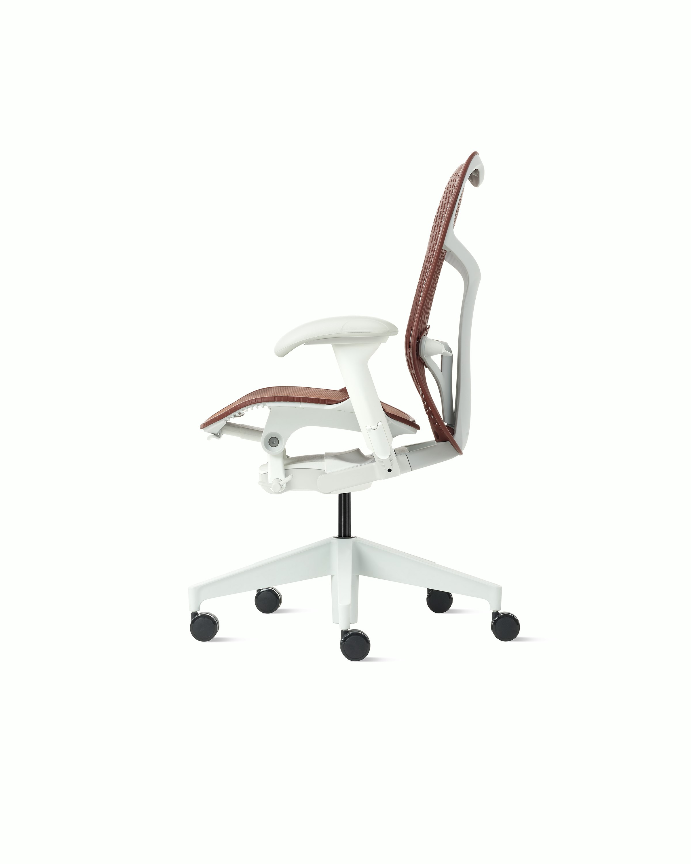 Side view of a Mirra 2 chair with Trflex back in cordovan and an alpine frame