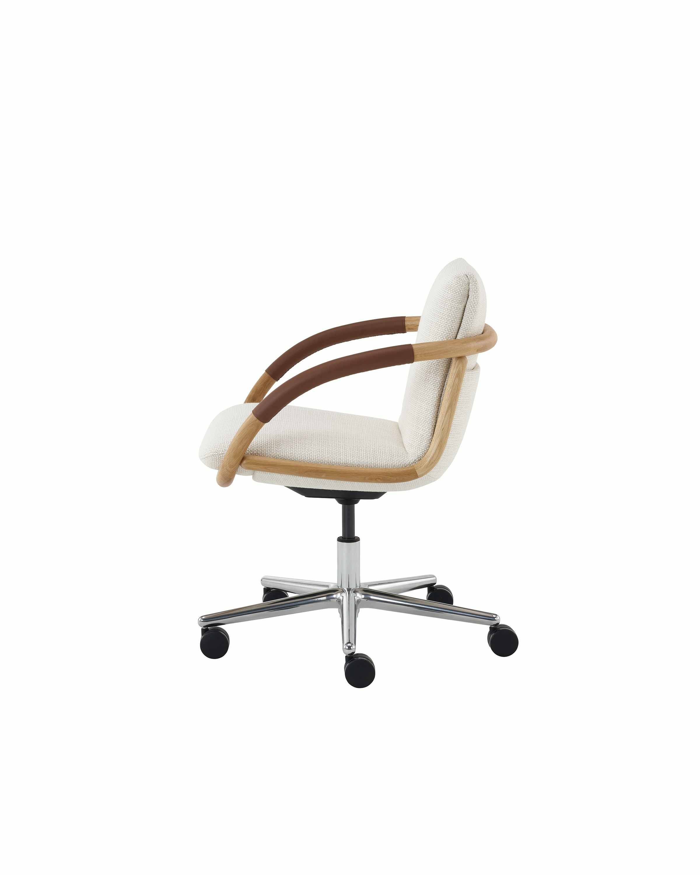 Full Loop Office Chair in Oak and Capri Snow with 5 star base on casters.