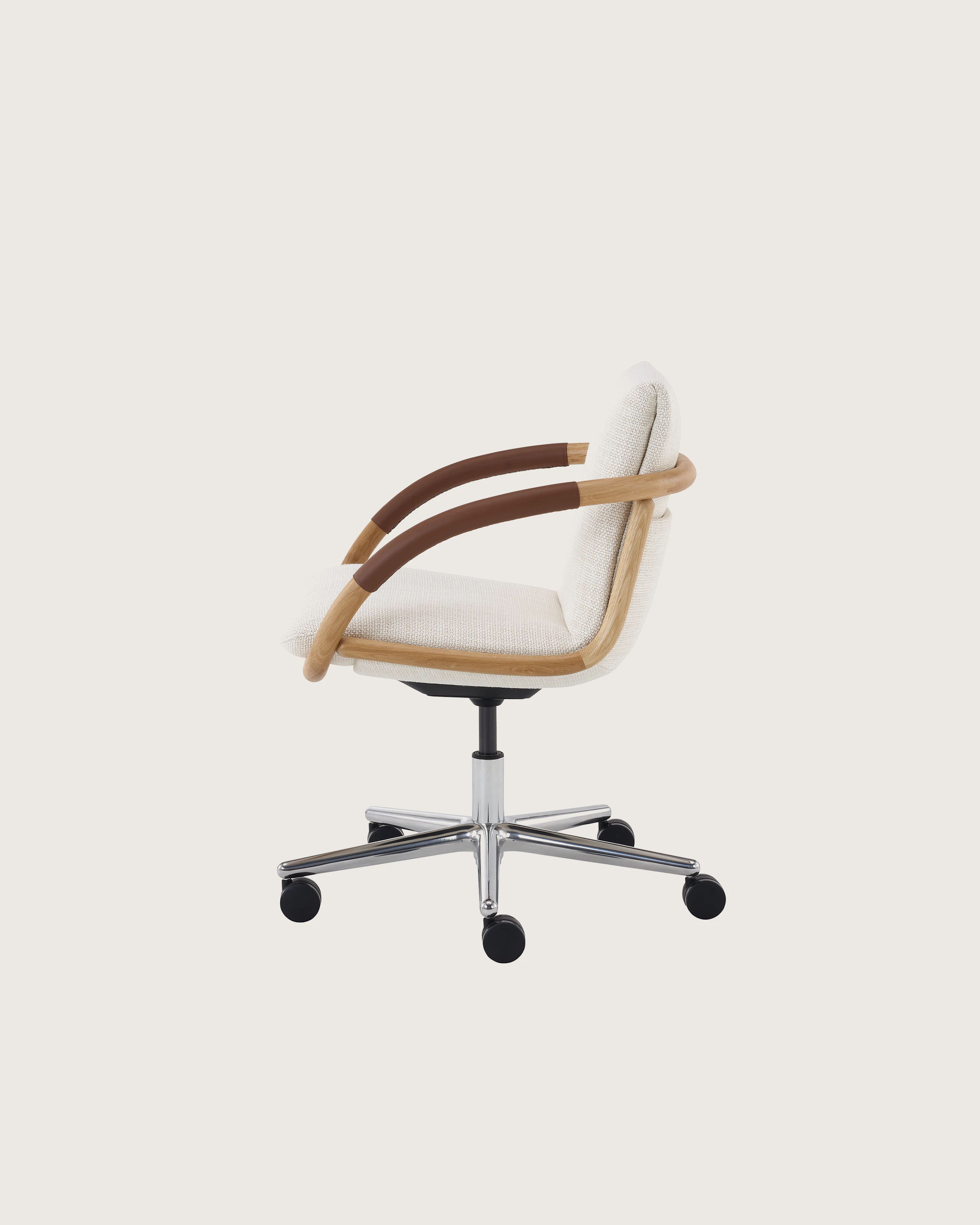 Full Loop Office Chair in Oak and Capri Snow with 5 star base on casters.