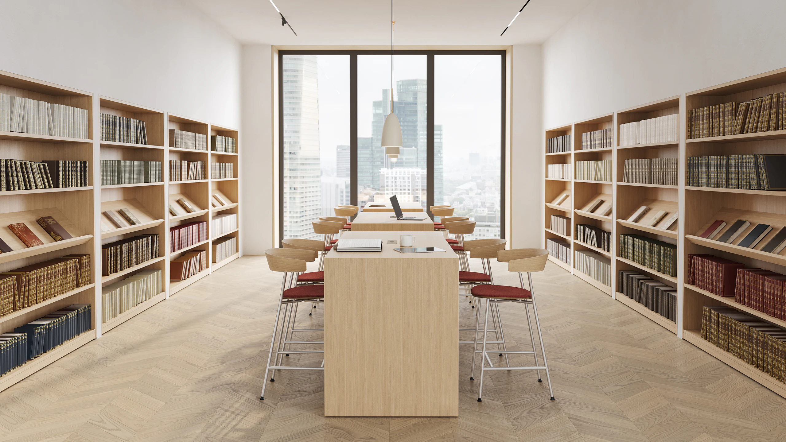 JD Waterfall Table in Oak, environmental view with Leeway Stools in a law library setting.