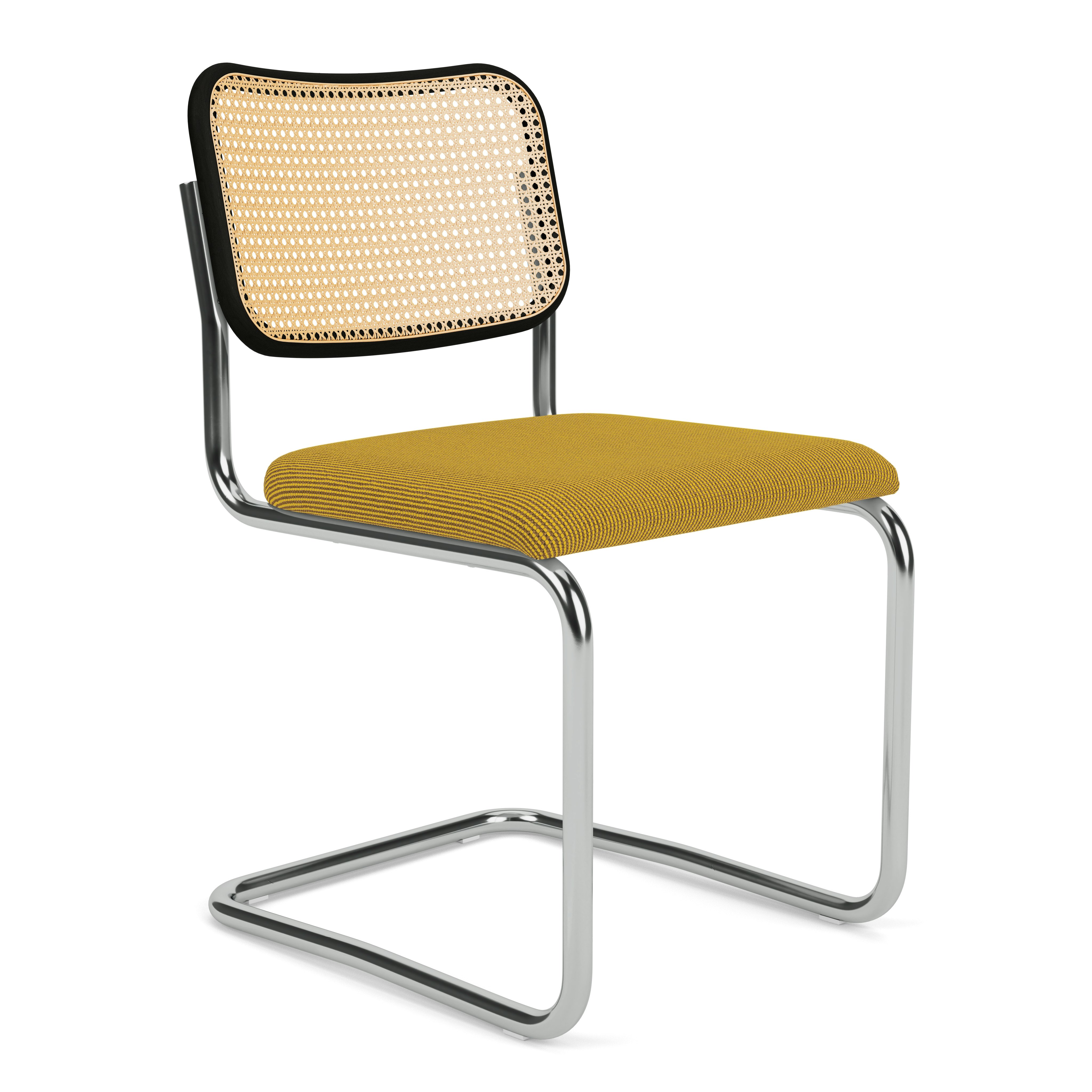 A Cesca Chair With Upholstered Seat Pad in Cadmium with Ebonized Beech viewed from an angle.