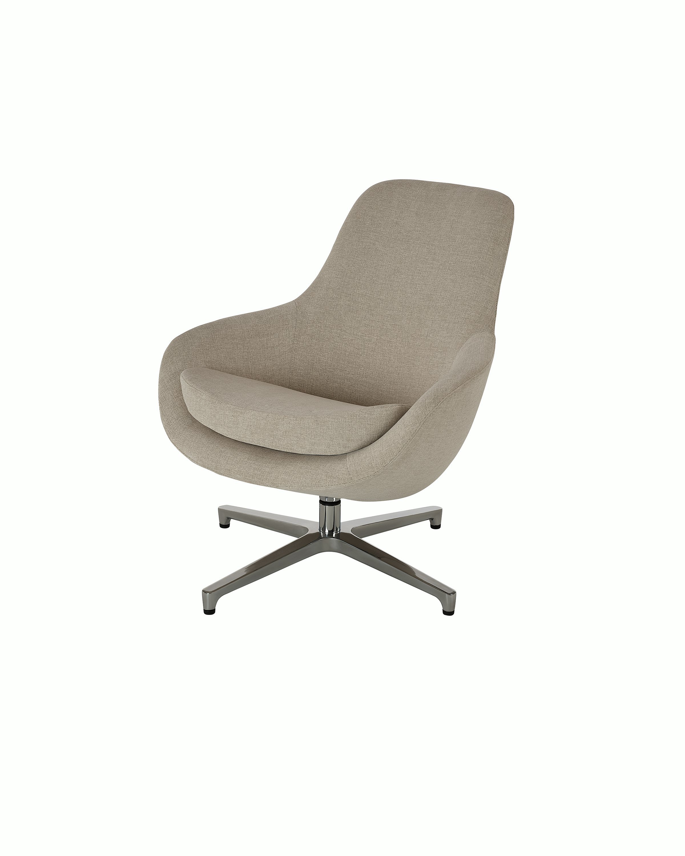 Saiba Lounge Chair designed by Naoto Fukasawa upholstered in Vionette in Desert Mix with a polished aluminum base, shown at a front angle on a white sweep.