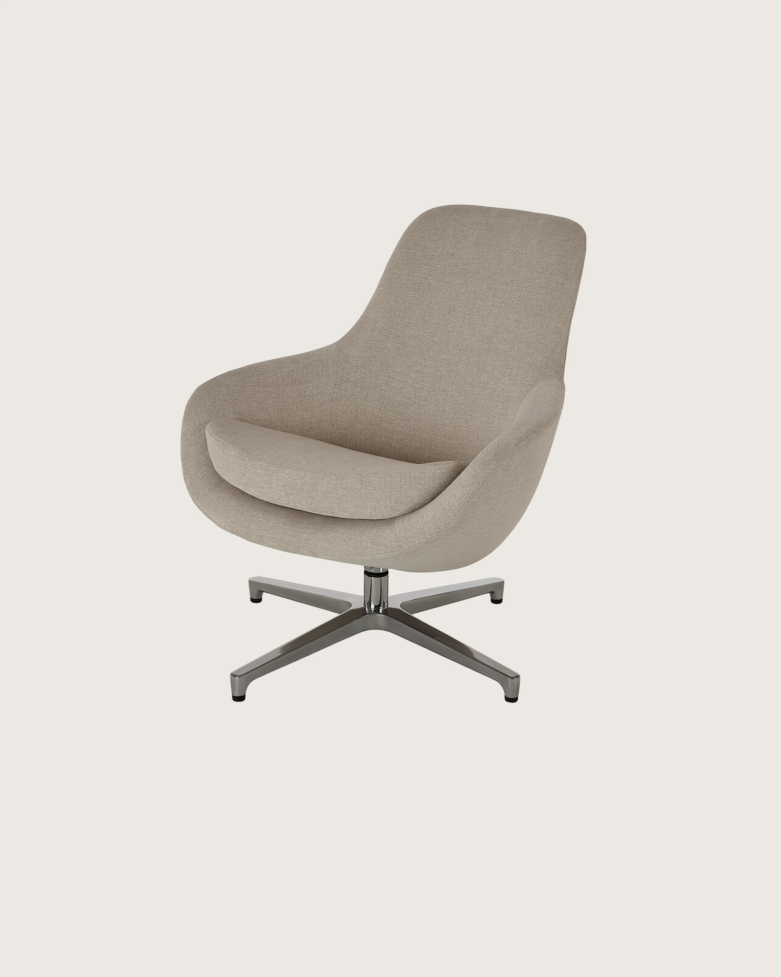 Saiba Lounge Chair designed by Naoto Fukasawa upholstered in Vionette in Desert Mix with a polished aluminum base, shown at a front angle on a white sweep.