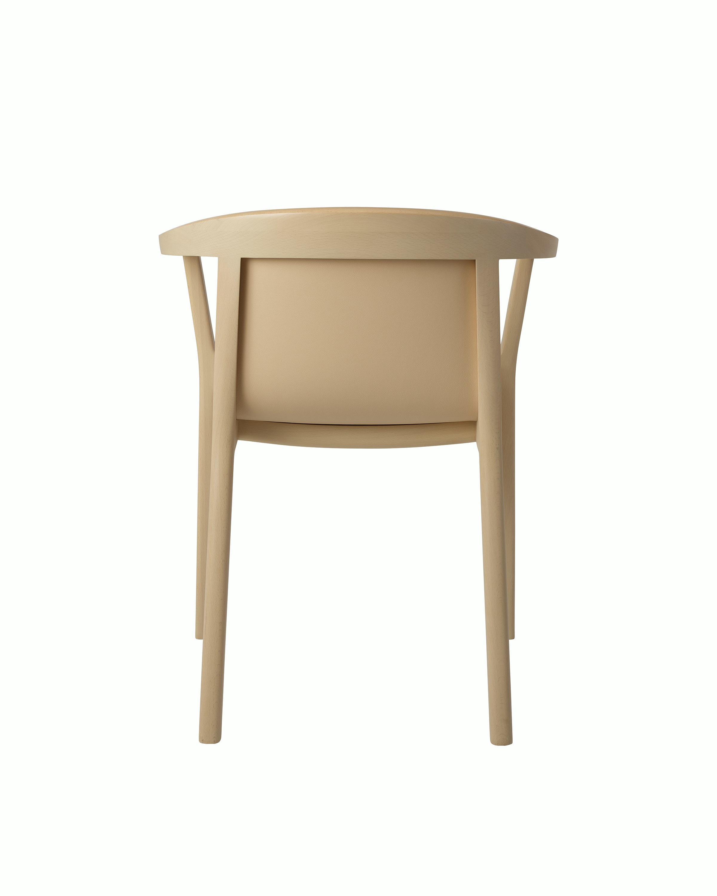 Lijn Armchair by Carole Baijings for Geiger in Light Beech frame upholstered with Maharam Prone Leather in Balsa, back view on a white sweep.