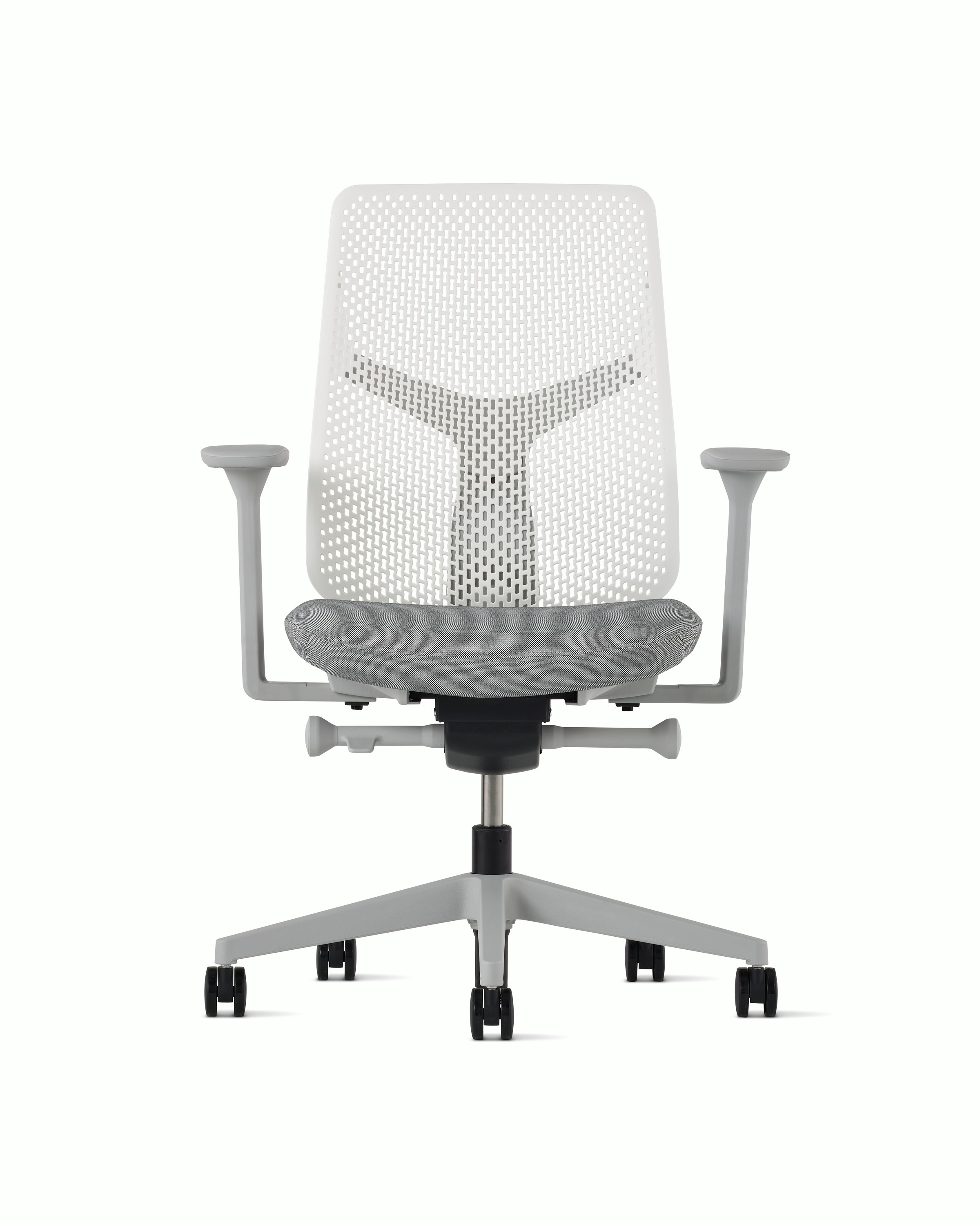 A white Verus Chair with Triflex back, grey seat and frame viewed from the front.