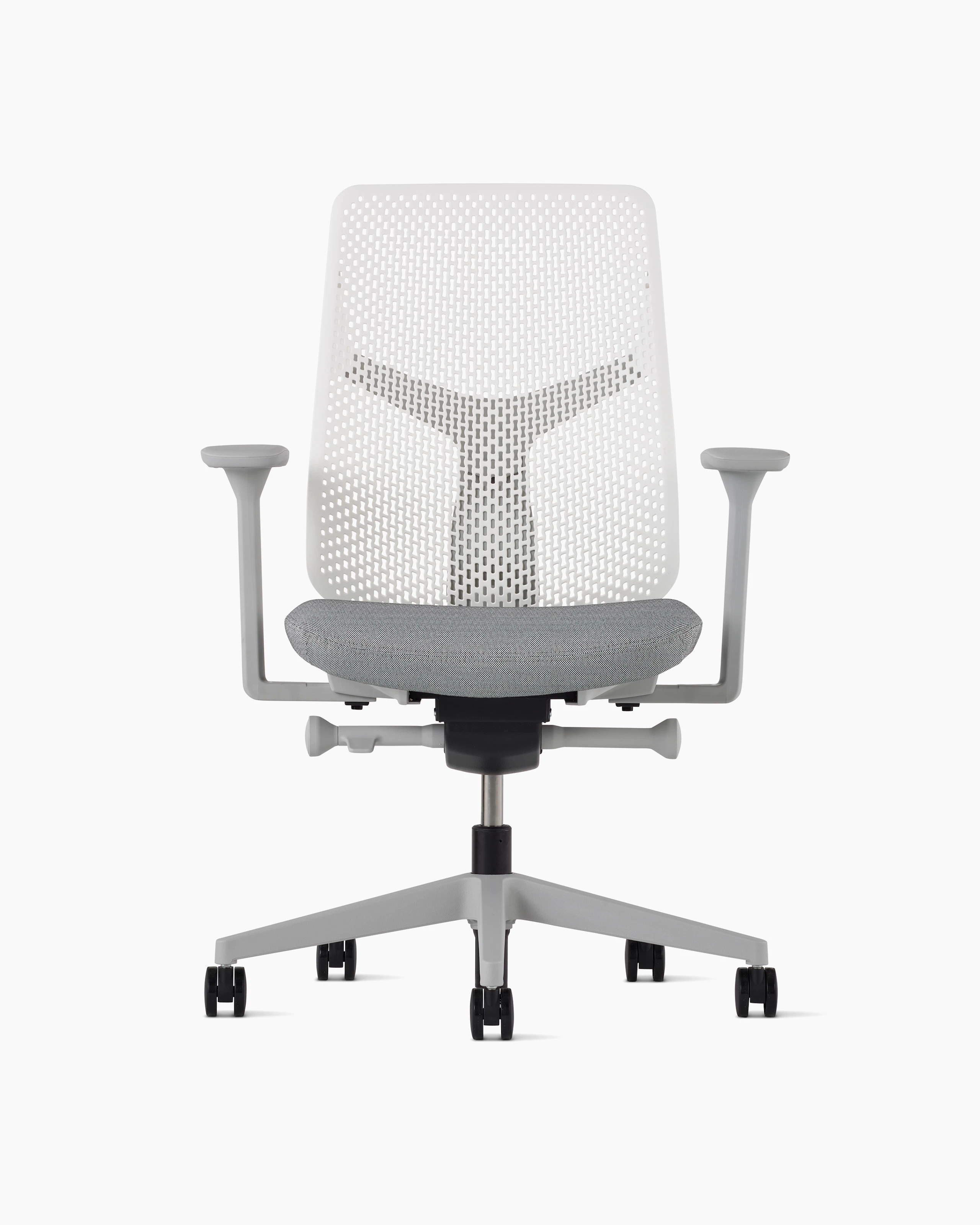 A white Verus Chair with Triflex back, grey seat and frame viewed from the front.