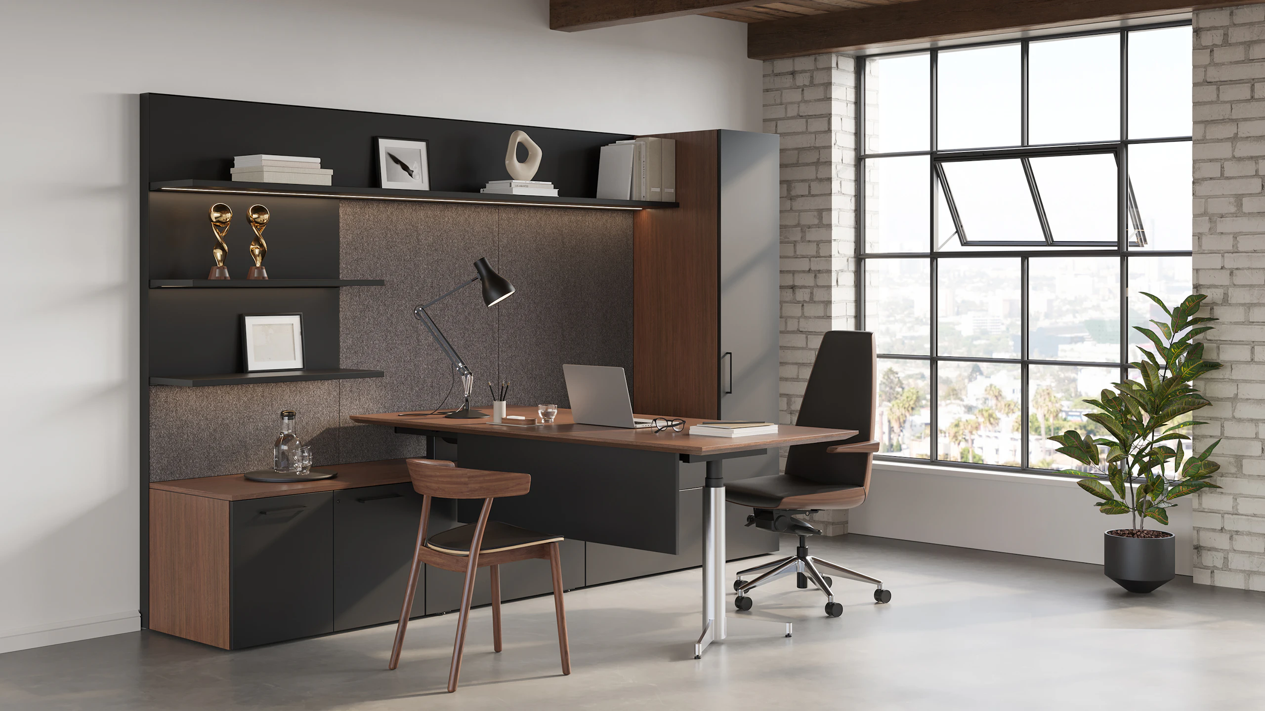 Geiger One Private Office in a loft setting in Walnut Recograin with Clamshell Office Chair and Leeway Guest Chair.