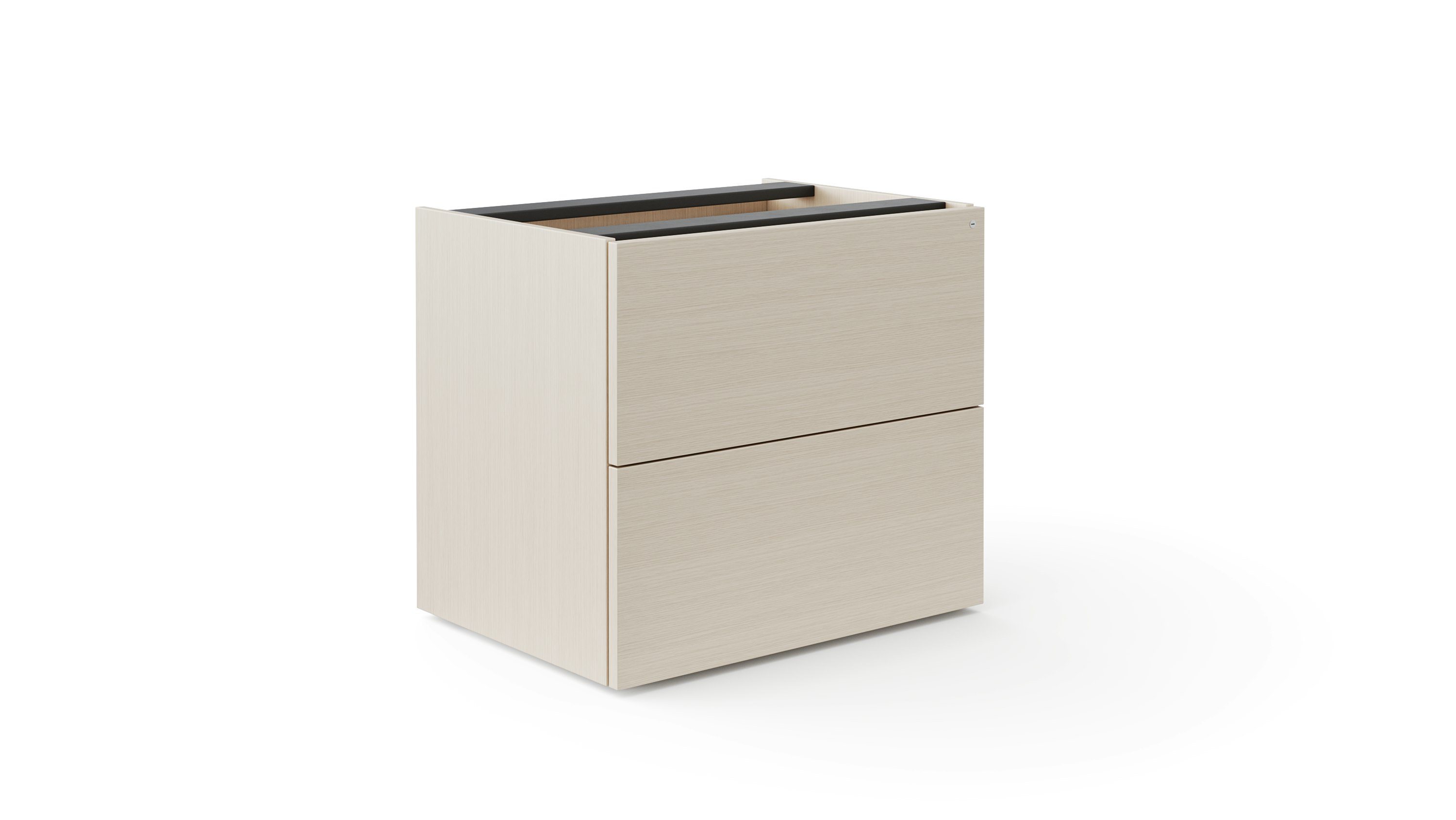 Storage credenza with sliding doors shown closed in a light color veneer.