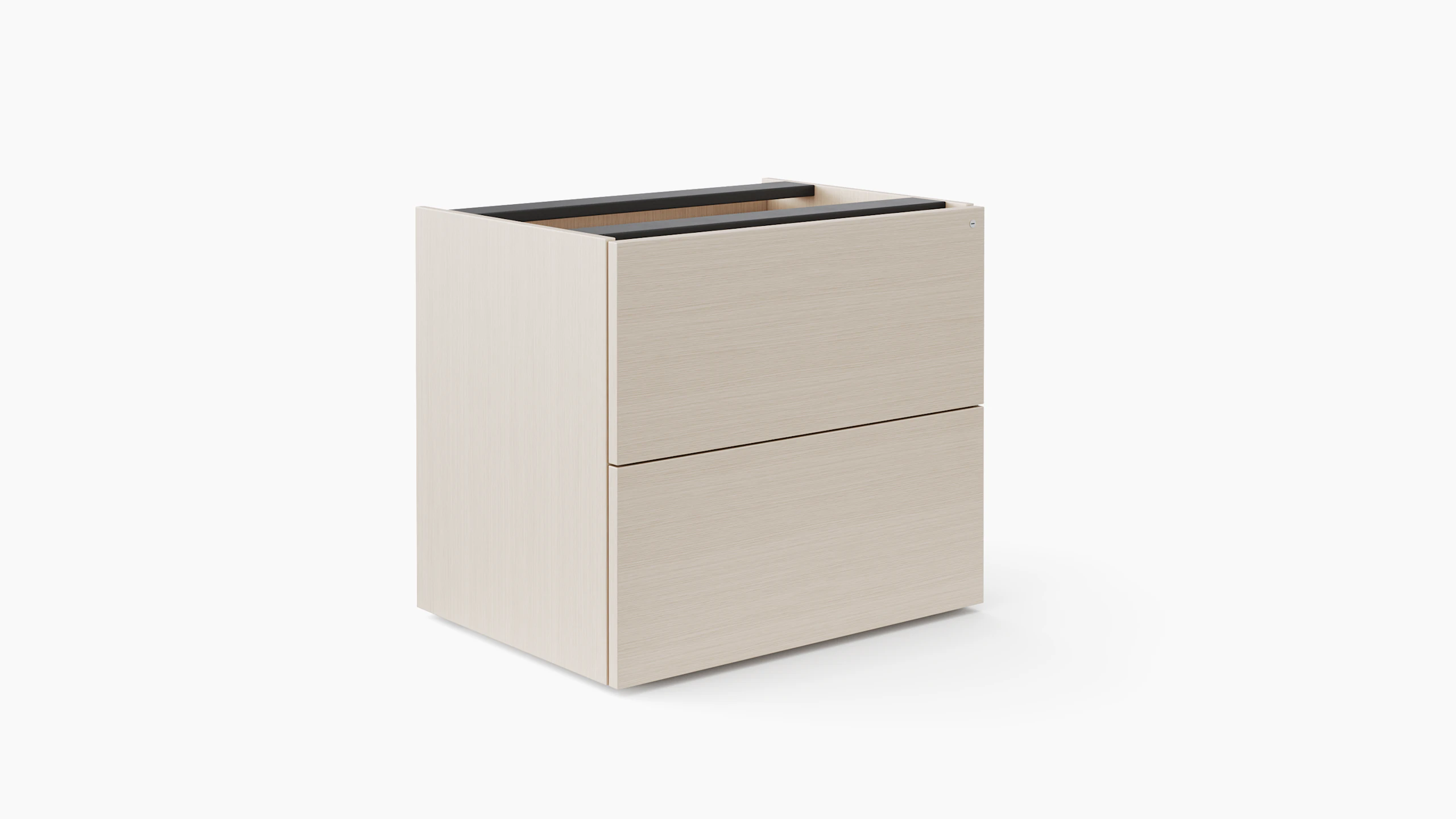 Storage credenza with sliding doors shown closed in a light color veneer.