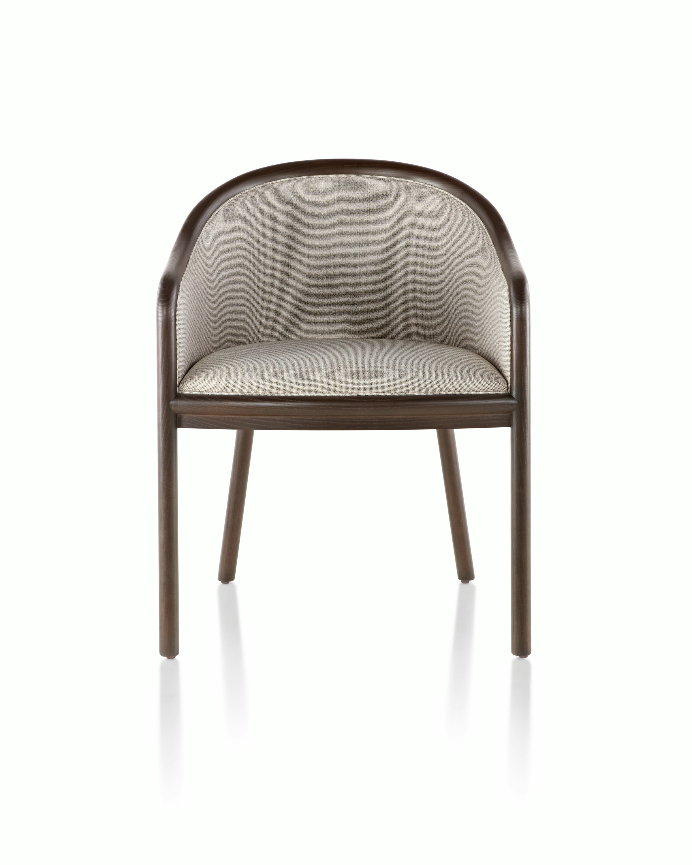 A Landmark side chair with light gray French upholstery, a dark wood frame, and standard-height arms, viewed from the front.